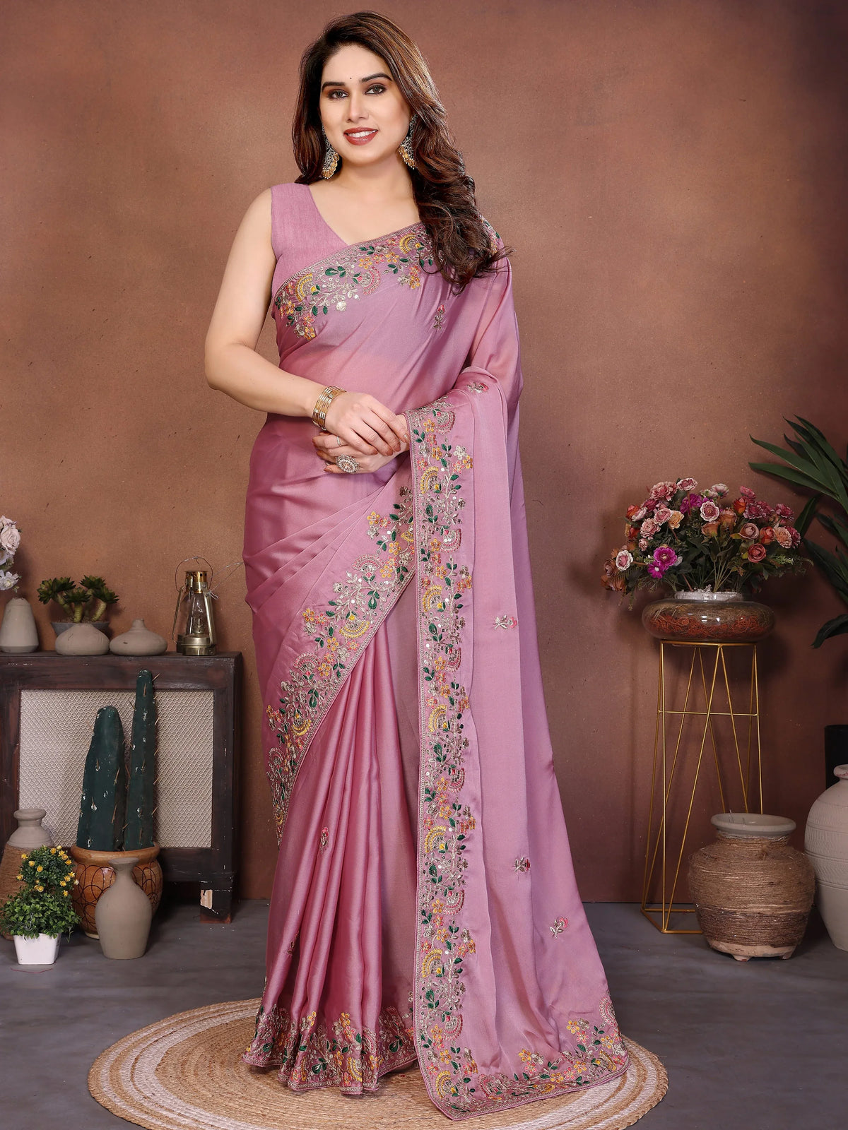 Superb Pink Dori Work Silk Function Wear Saree With Blouse