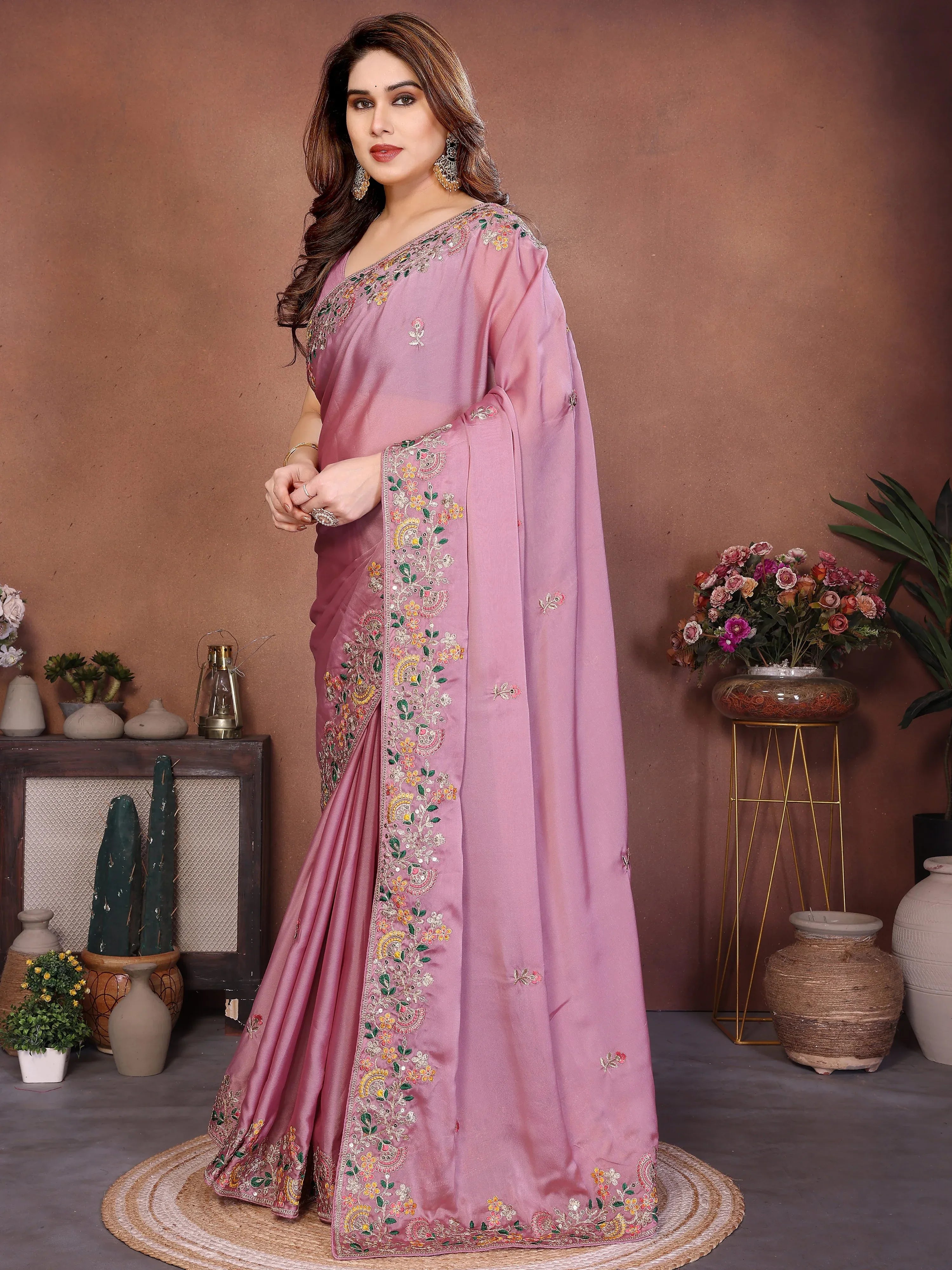 Superb Pink Dori Work Silk Function Wear Saree With Blouse