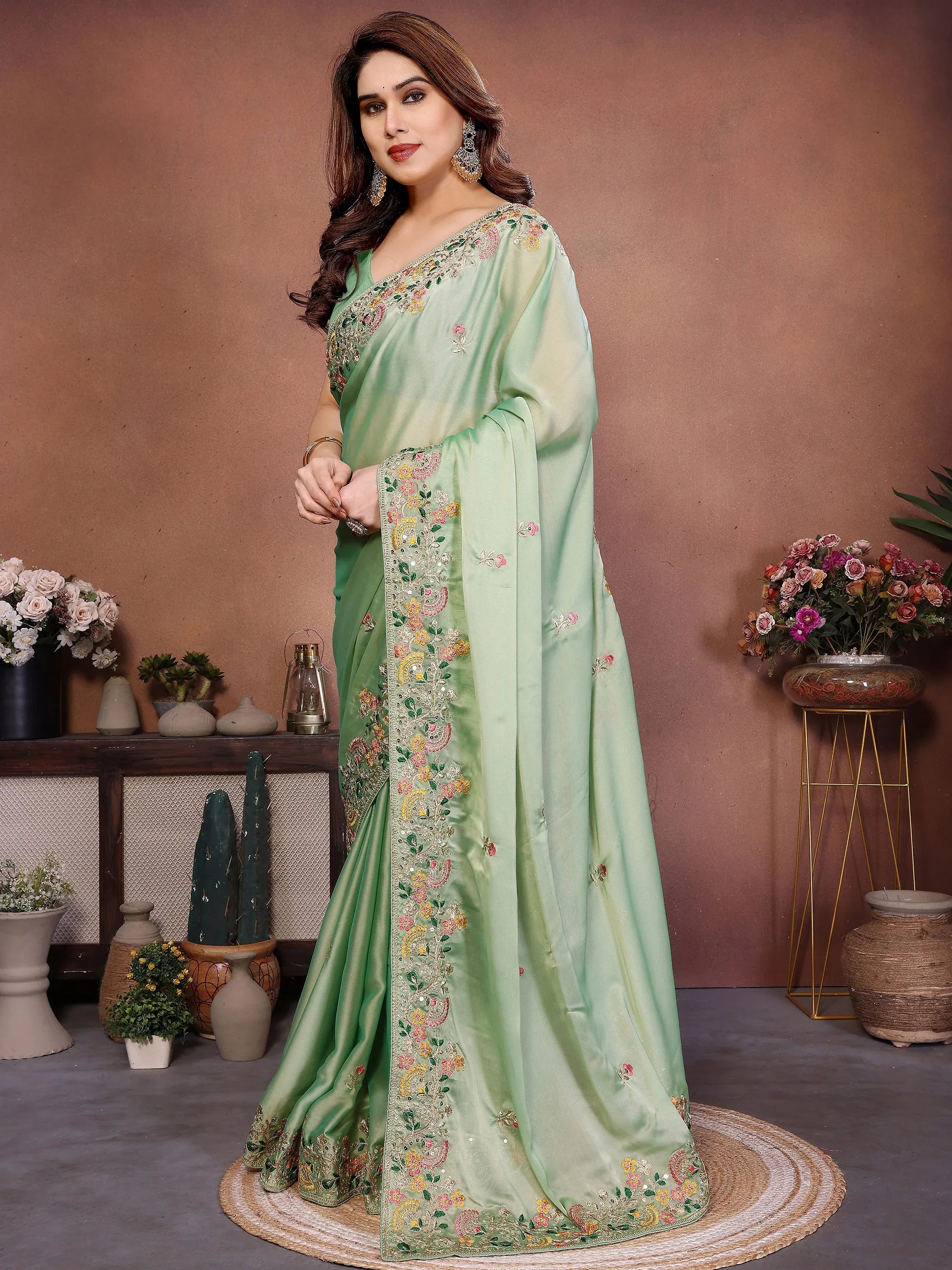 Amazing Green Zari Embroidered Silk Traditional Saree With Blouse
