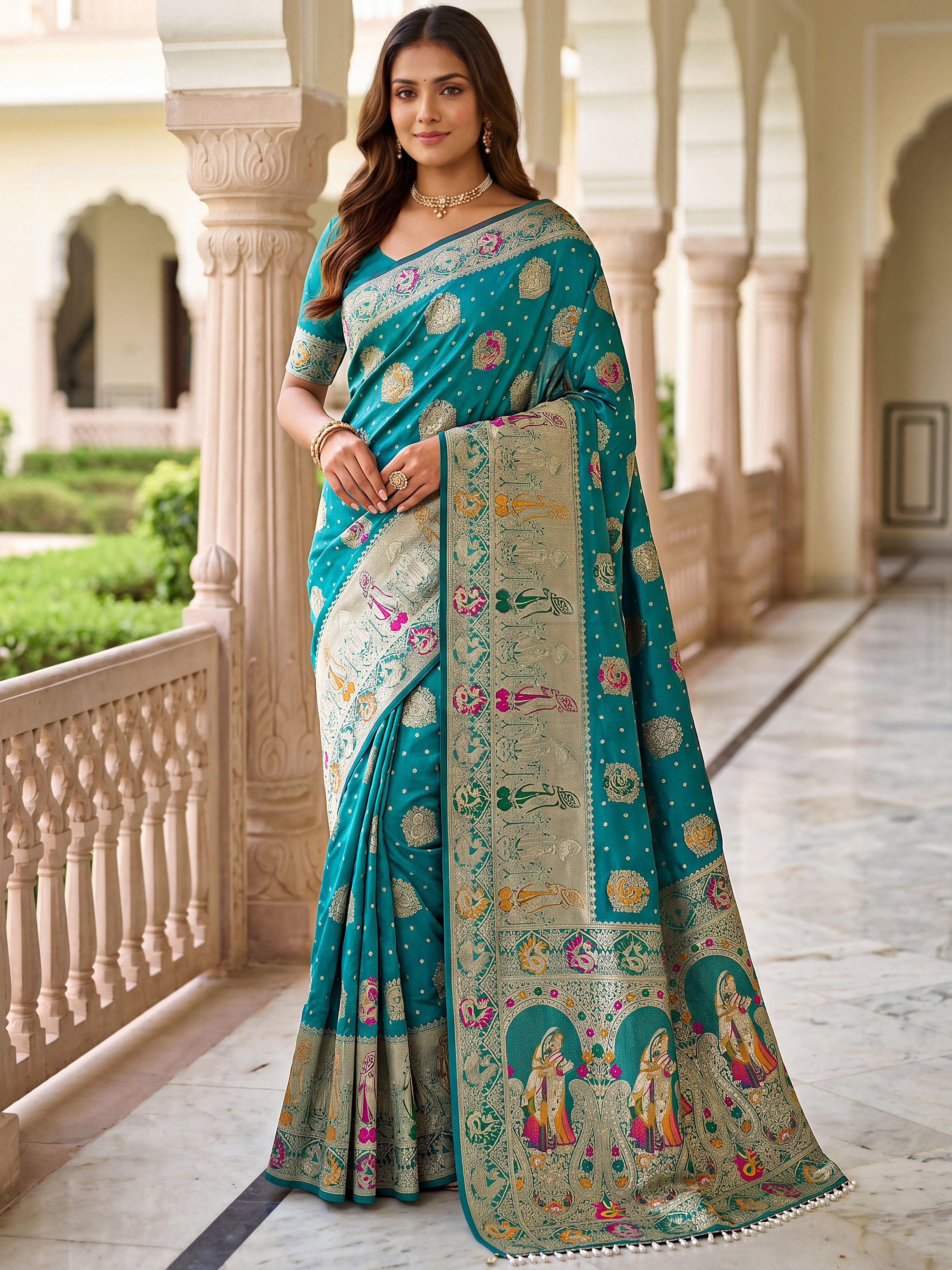 Aesthetics Teal Blue Zari Weaving Silk Wedding Wear Saree With Blouse