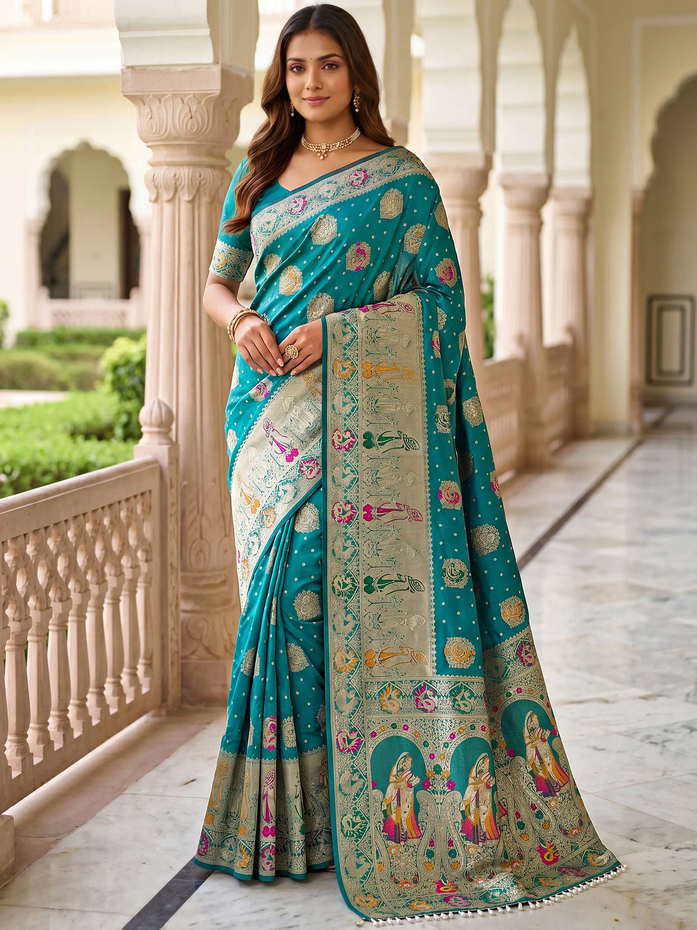 Aesthetics Teal Blue Zari Weaving Silk Wedding Wear Saree With Blouse