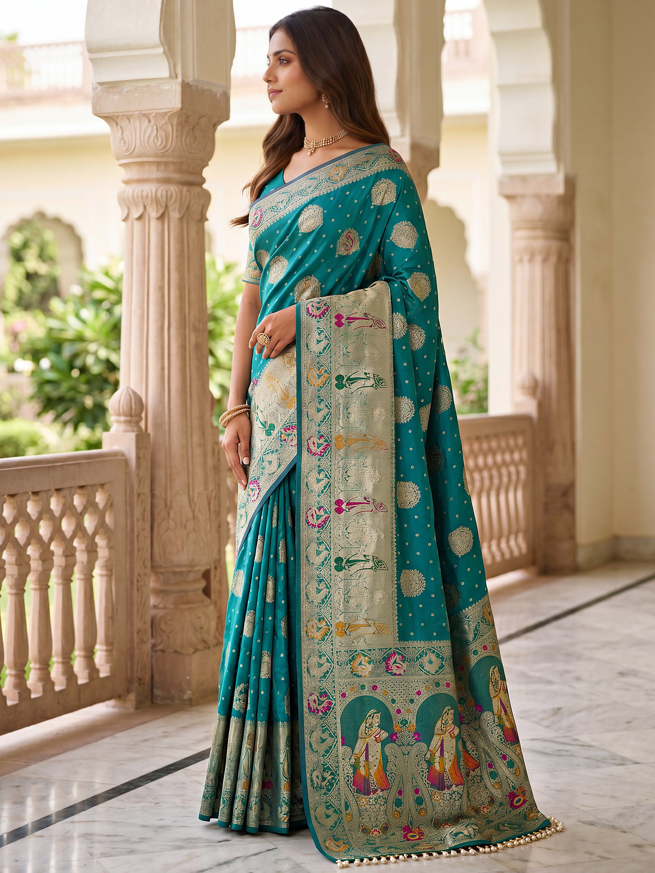 Aesthetics Teal Blue Zari Weaving Silk Wedding Wear Saree With Blouse