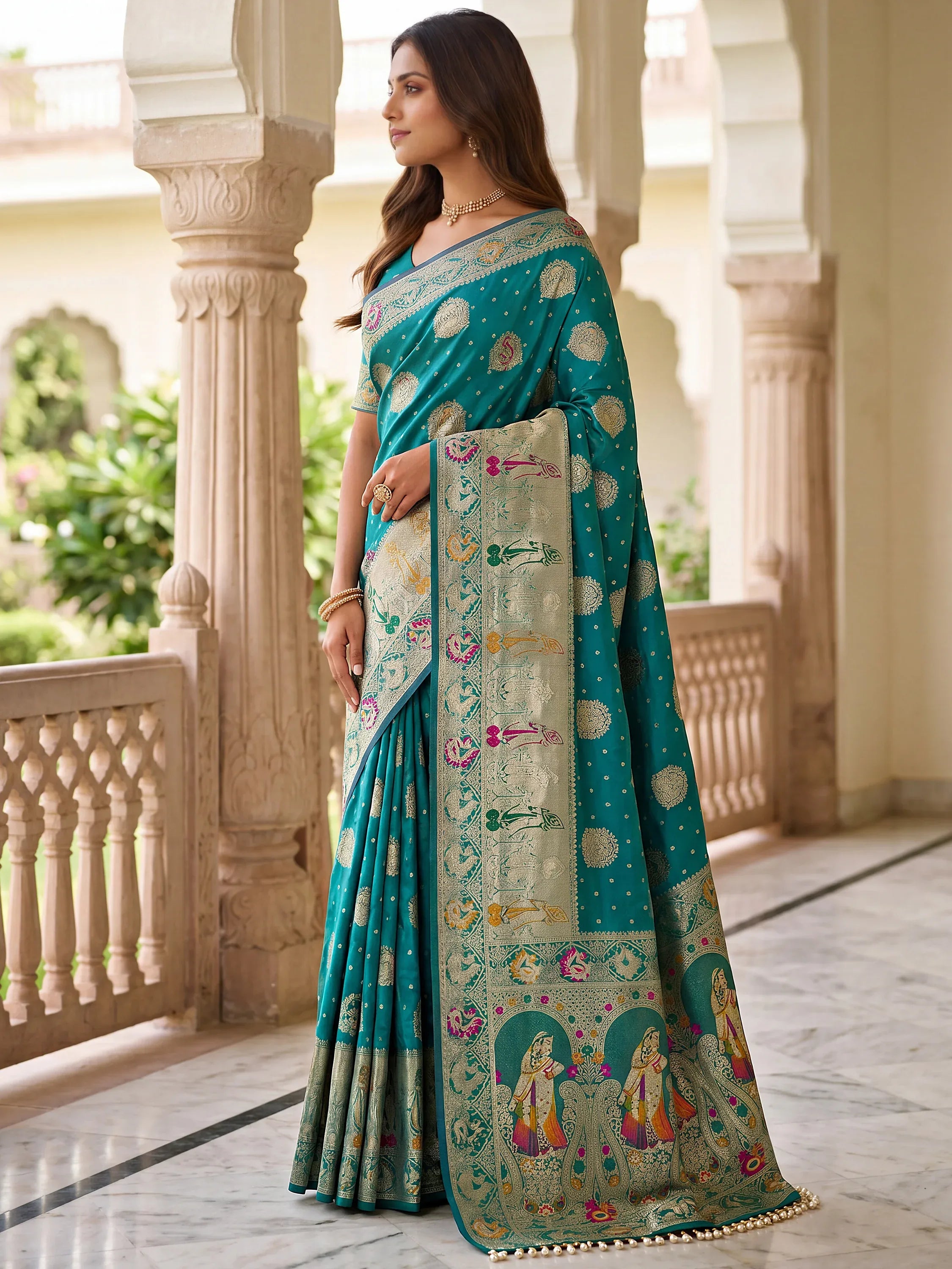 Aesthetics Teal Blue Zari Weaving Silk Wedding Wear Saree With Blouse