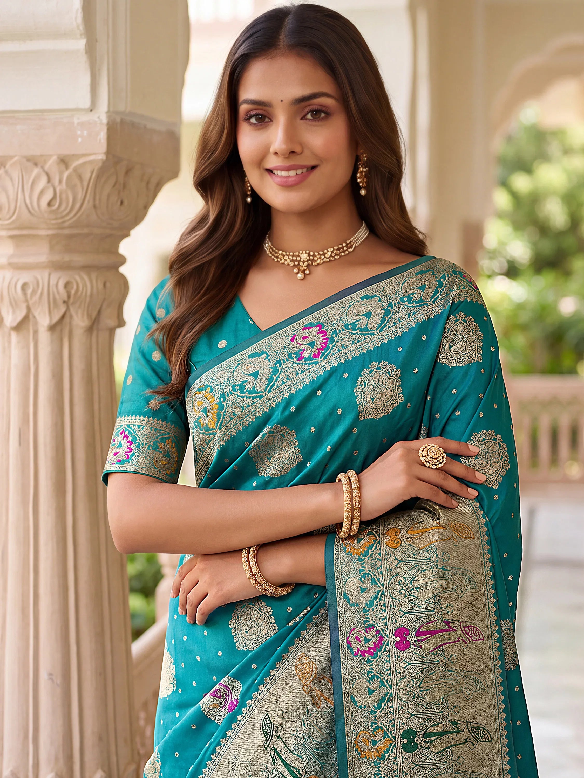 Aesthetics Teal Blue Zari Weaving Silk Wedding Wear Saree With Blouse