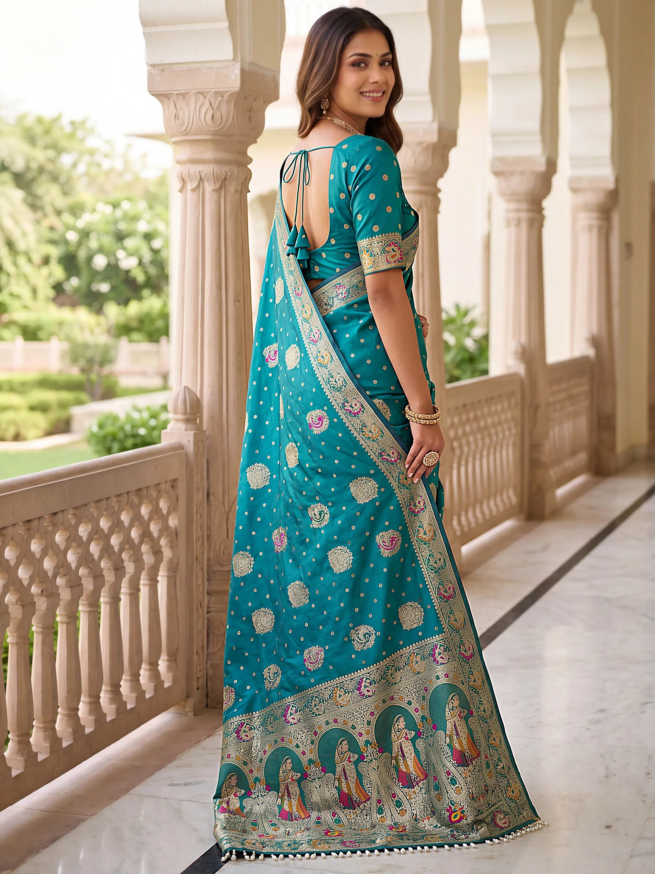 Aesthetics Teal Blue Zari Weaving Silk Wedding Wear Saree With Blouse