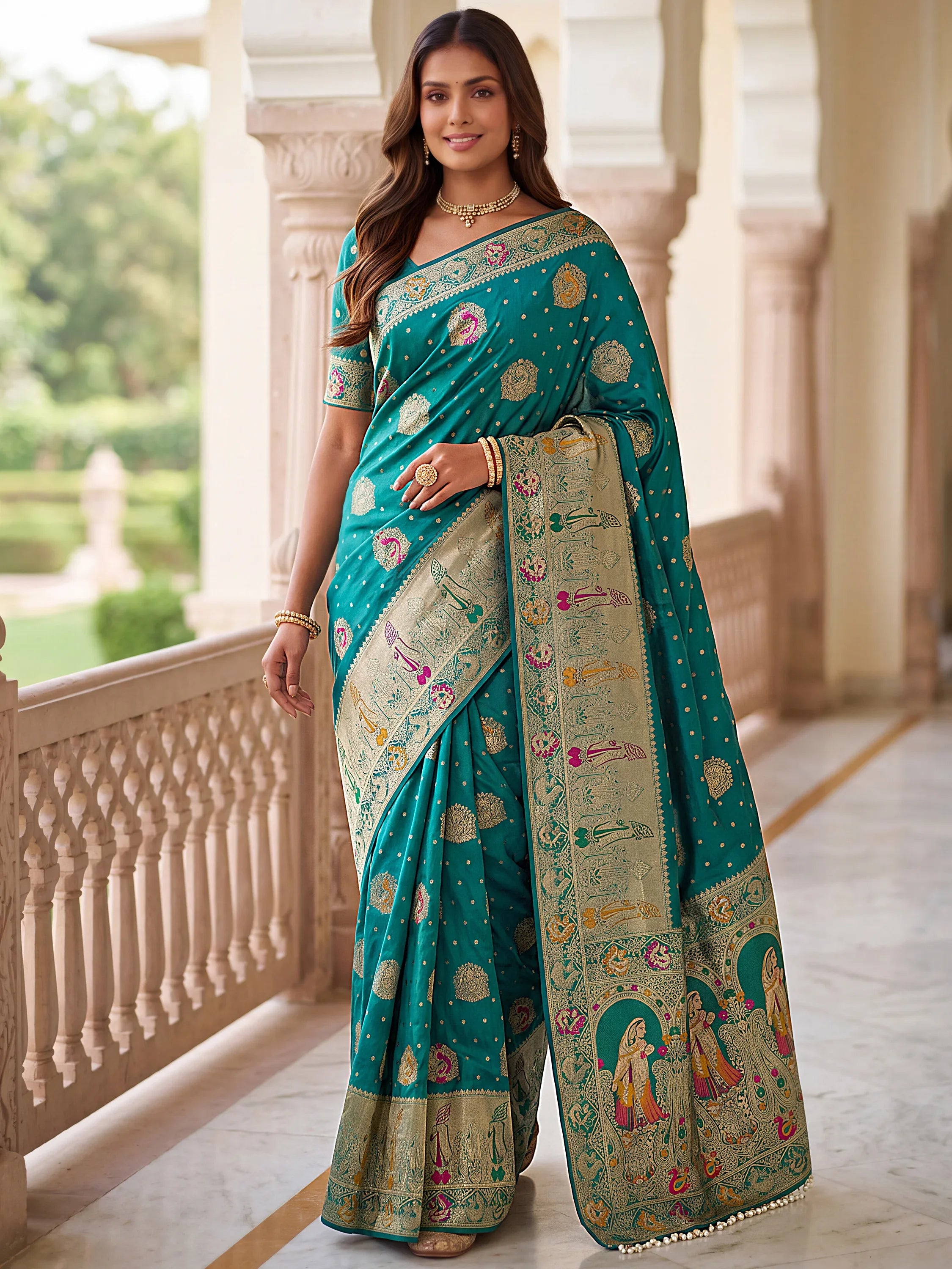 Aesthetics Teal Blue Zari Weaving Silk Wedding Wear Saree With Blouse