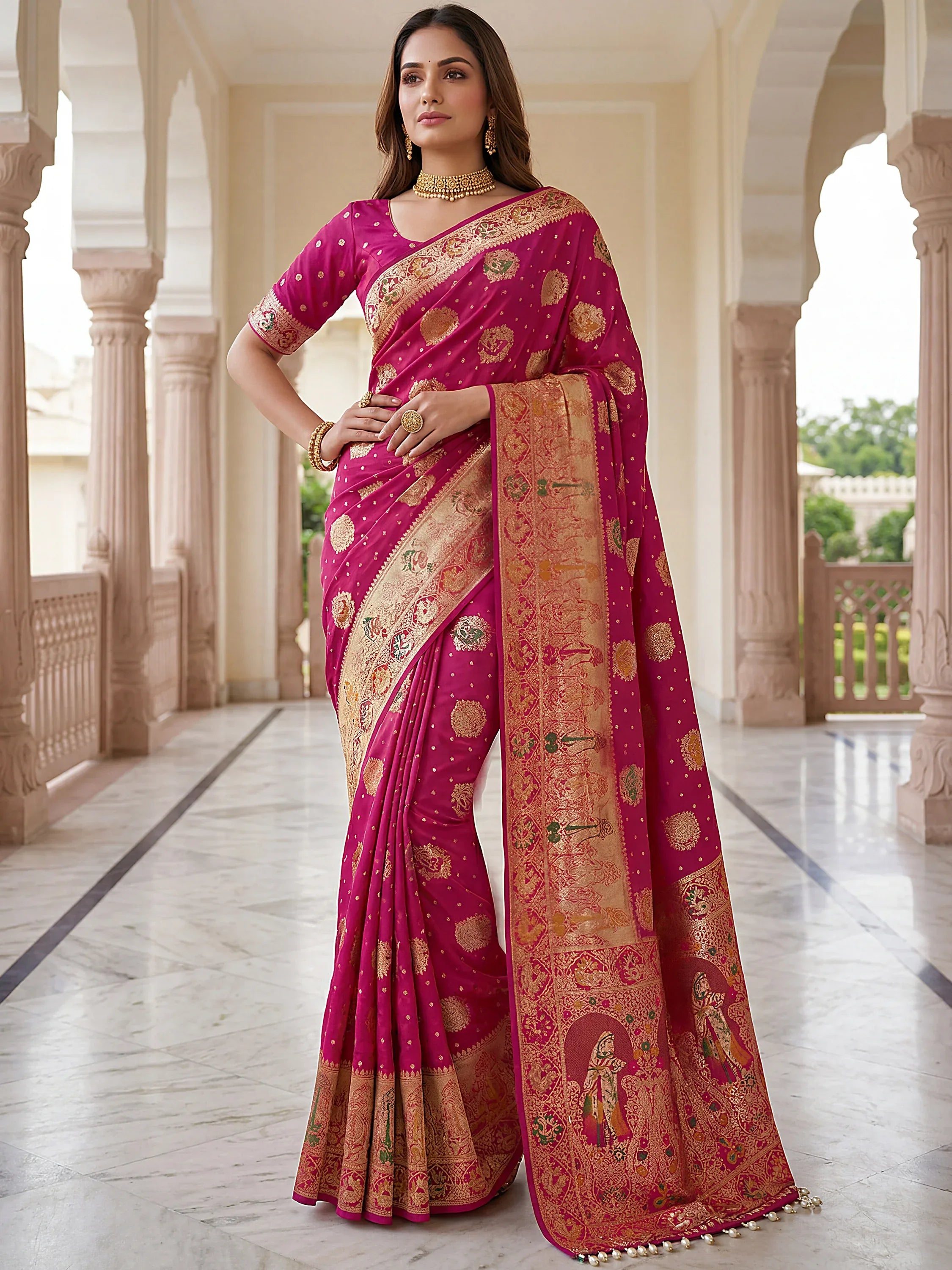 Classic Pink Zari Weaving Silk Engagement Wear Saree With Blouse