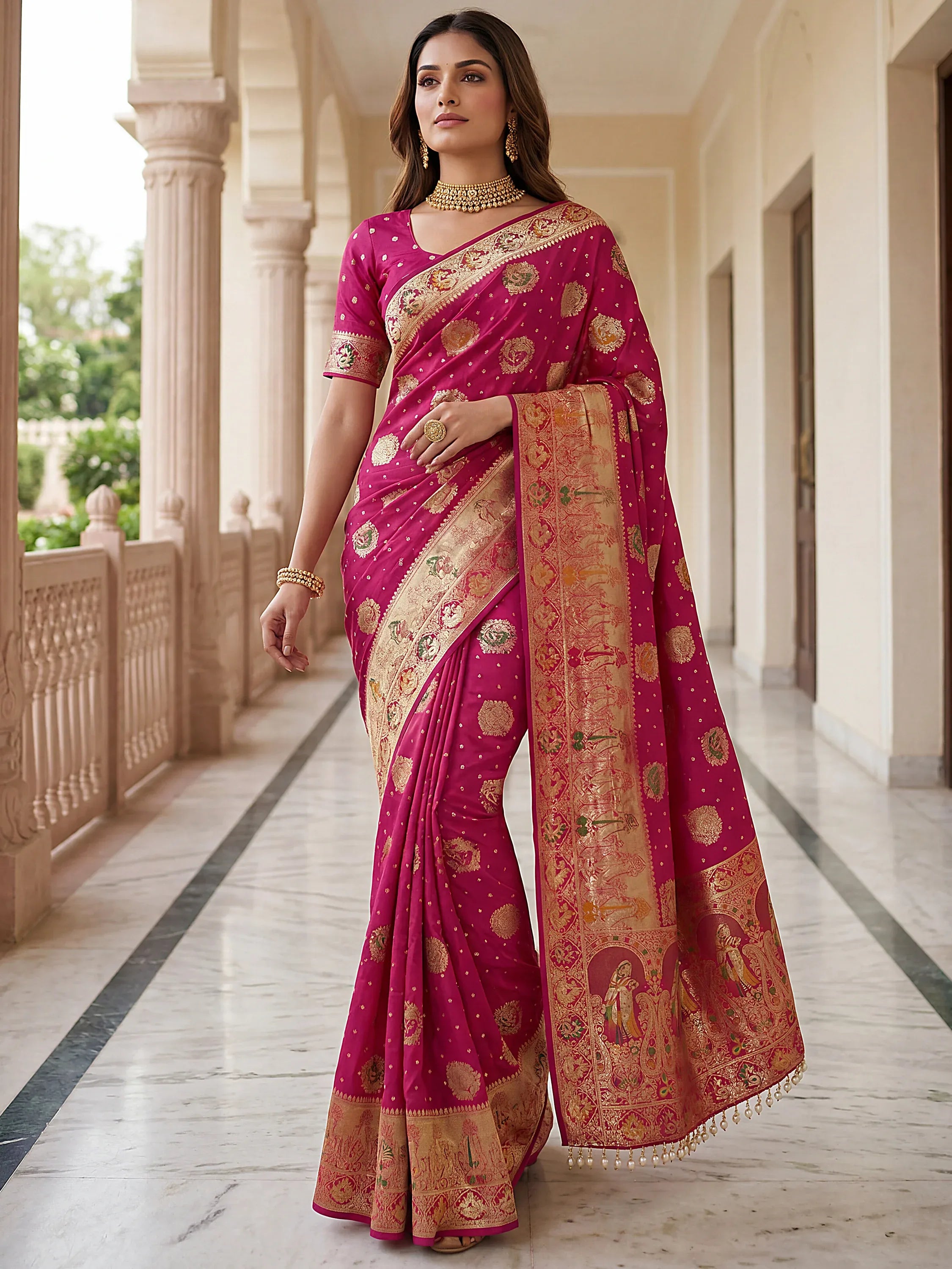 Classic Pink Zari Weaving Silk Engagement Wear Saree With Blouse