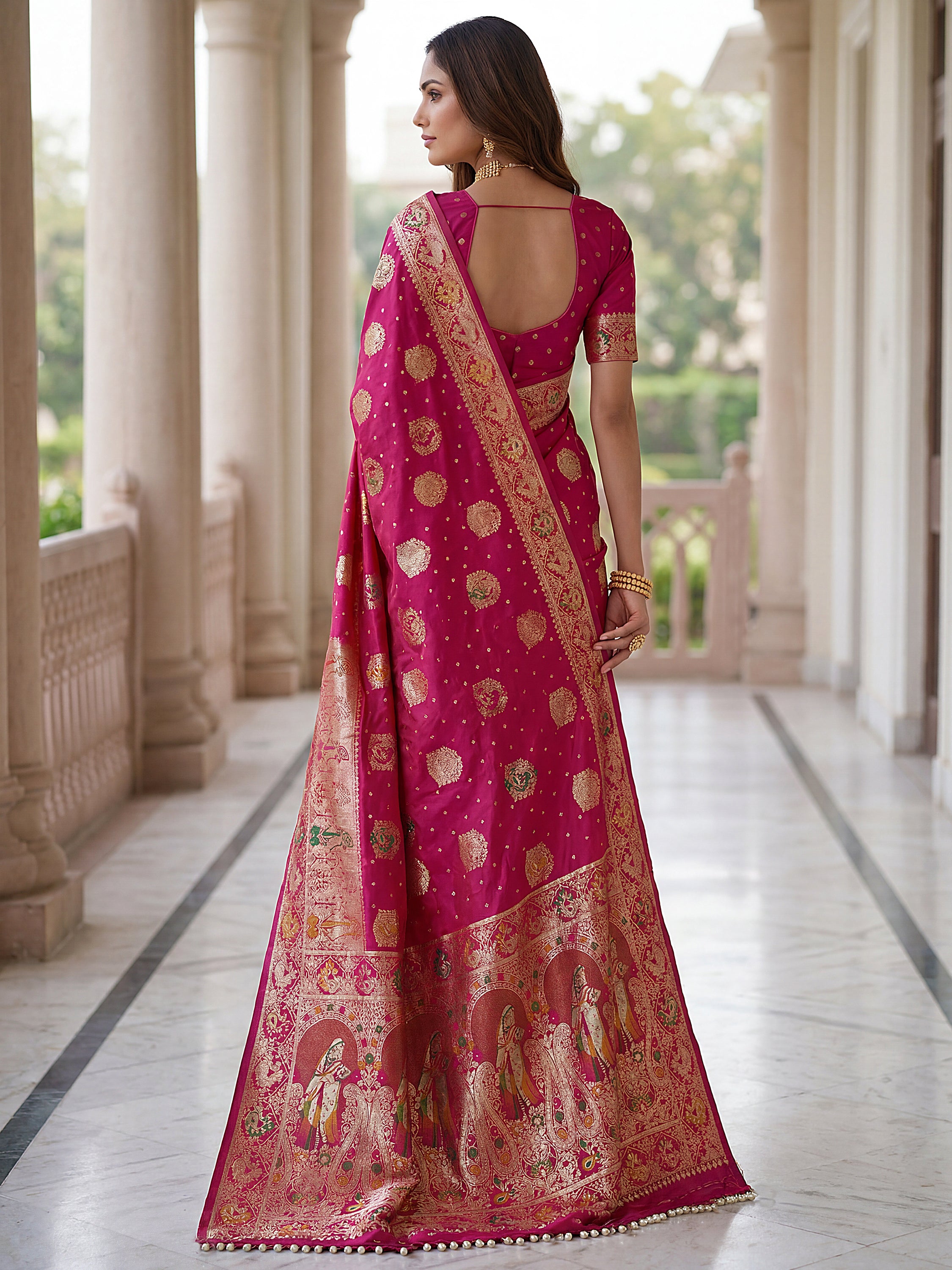Classic Pink Zari Weaving Silk Engagement Wear Saree With Blouse
