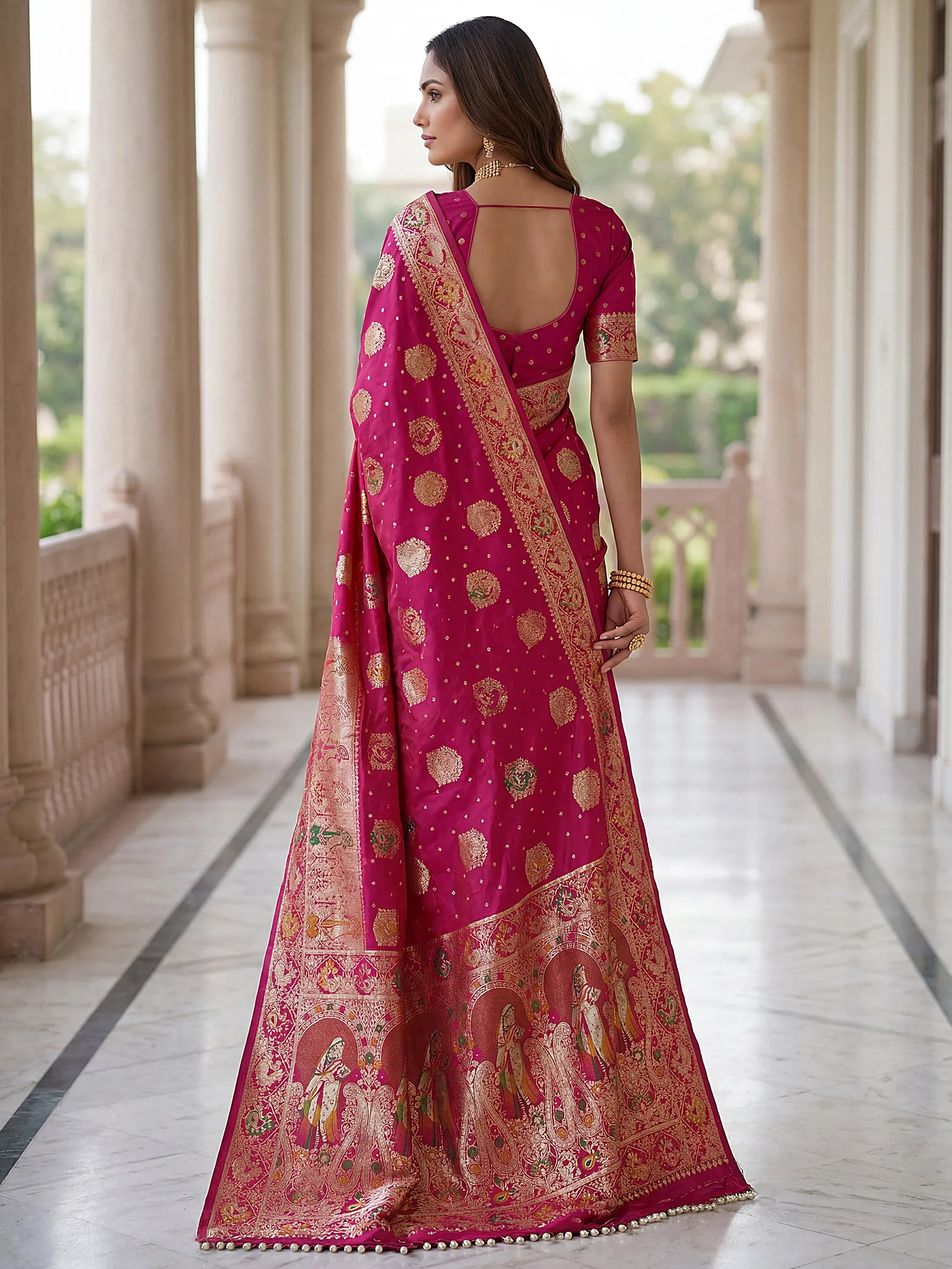 Classic Pink Zari Weaving Silk Engagement Wear Saree With Blouse