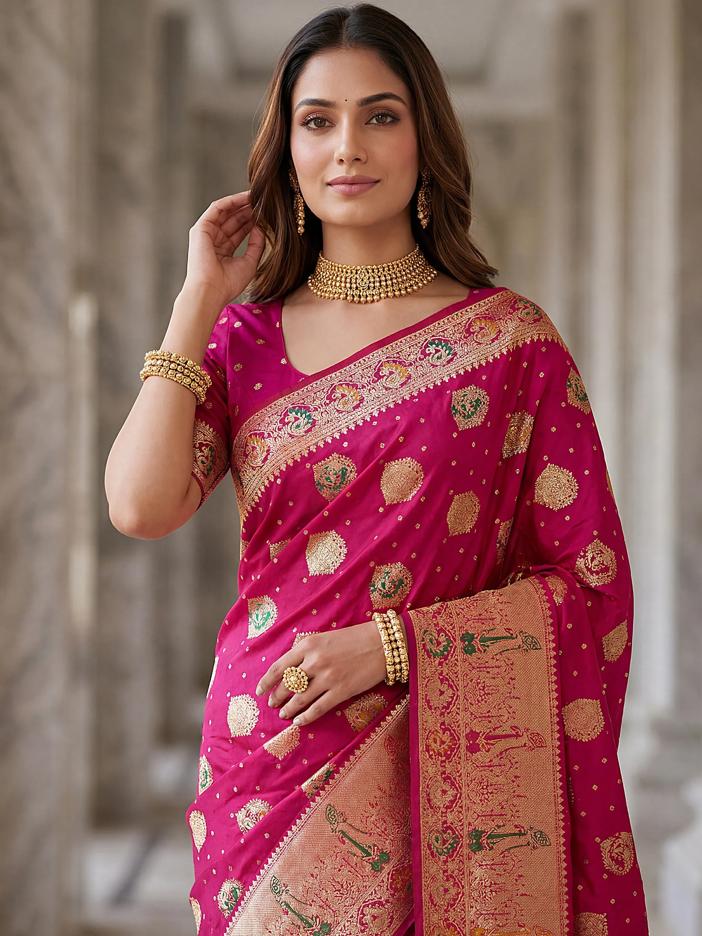 Classic Pink Zari Weaving Silk Engagement Wear Saree With Blouse