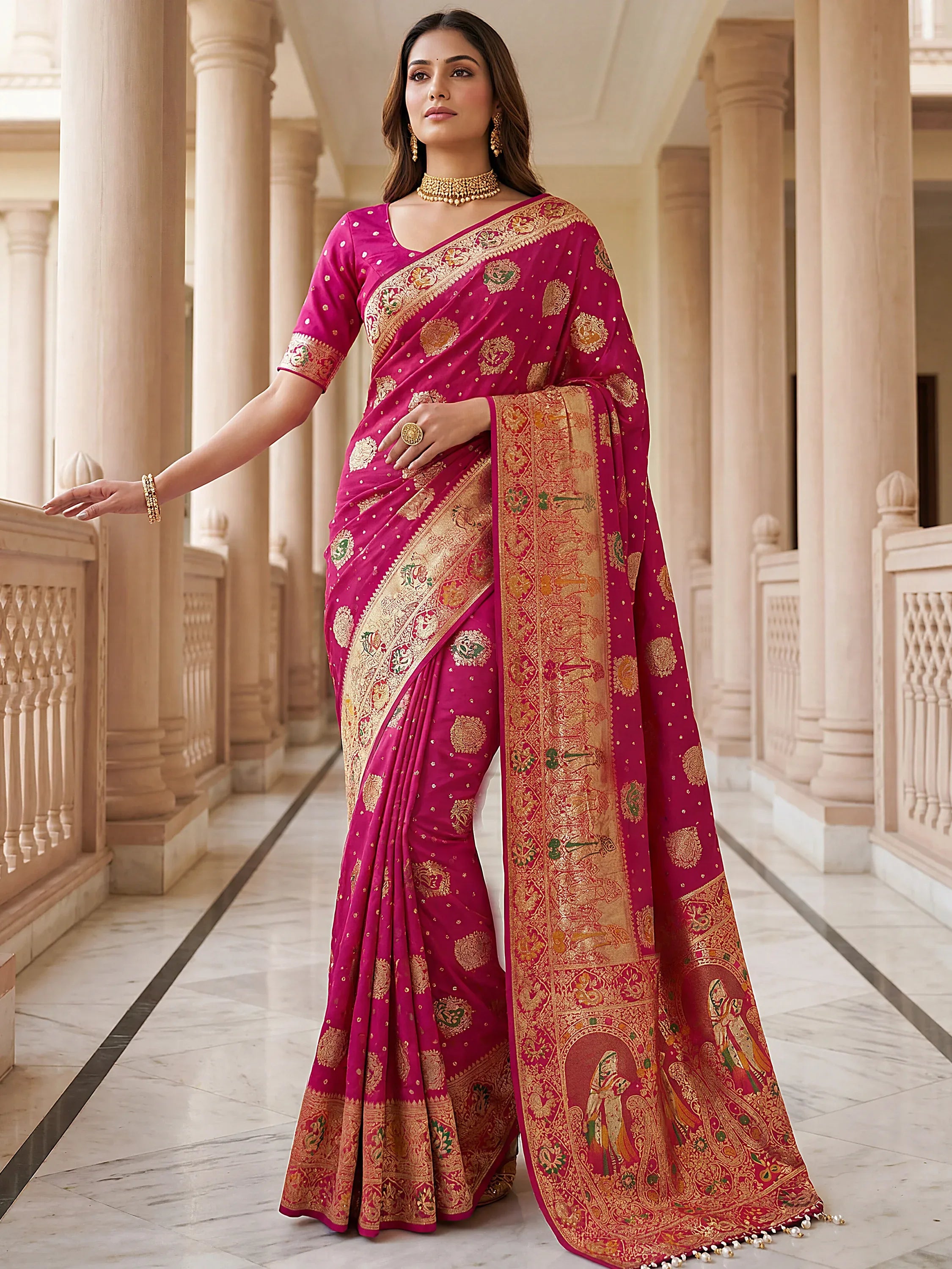 Classic Pink Zari Weaving Silk Engagement Wear Saree With Blouse