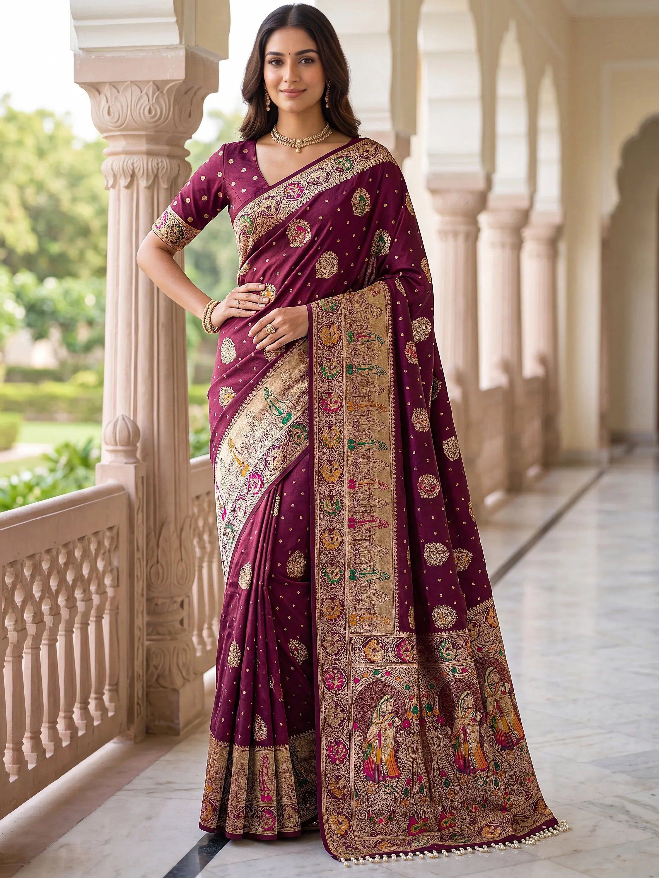 Beautiful Wine Zari Weaving Silk Reception Wear Saree With Blouse