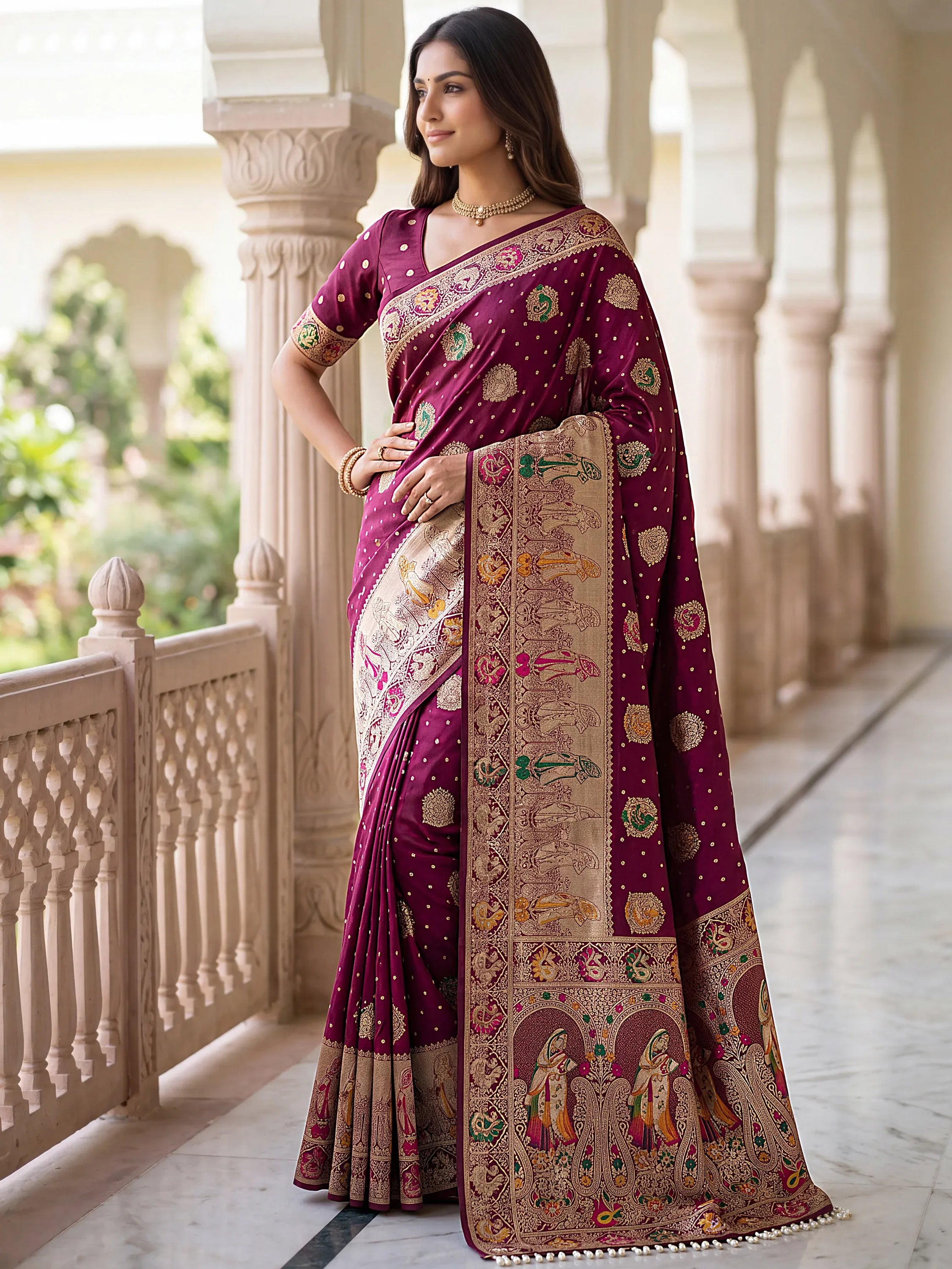 Beautiful Wine Zari Weaving Silk Reception Wear Saree With Blouse
