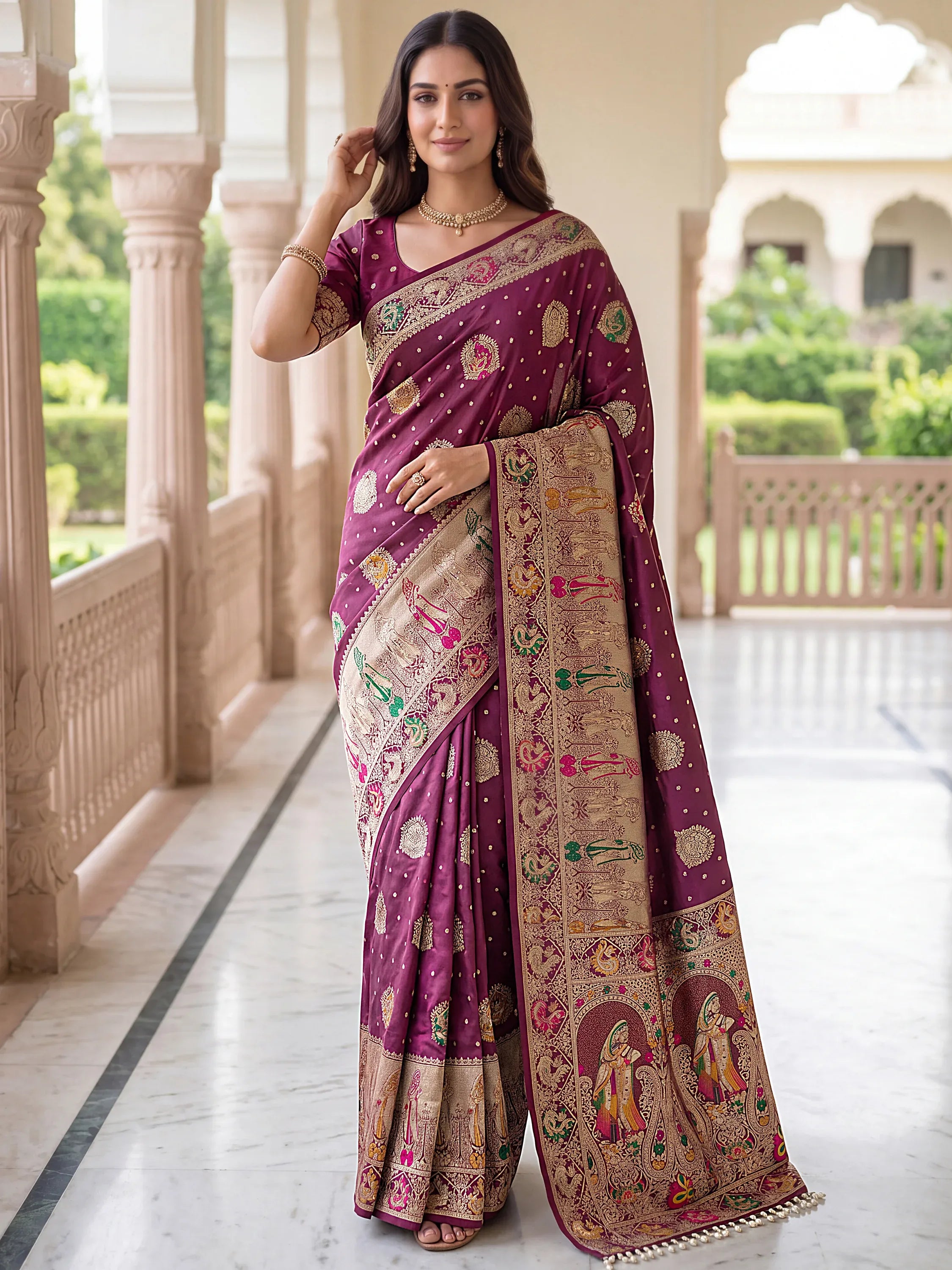 Beautiful Wine Zari Weaving Silk Reception Wear Saree With Blouse