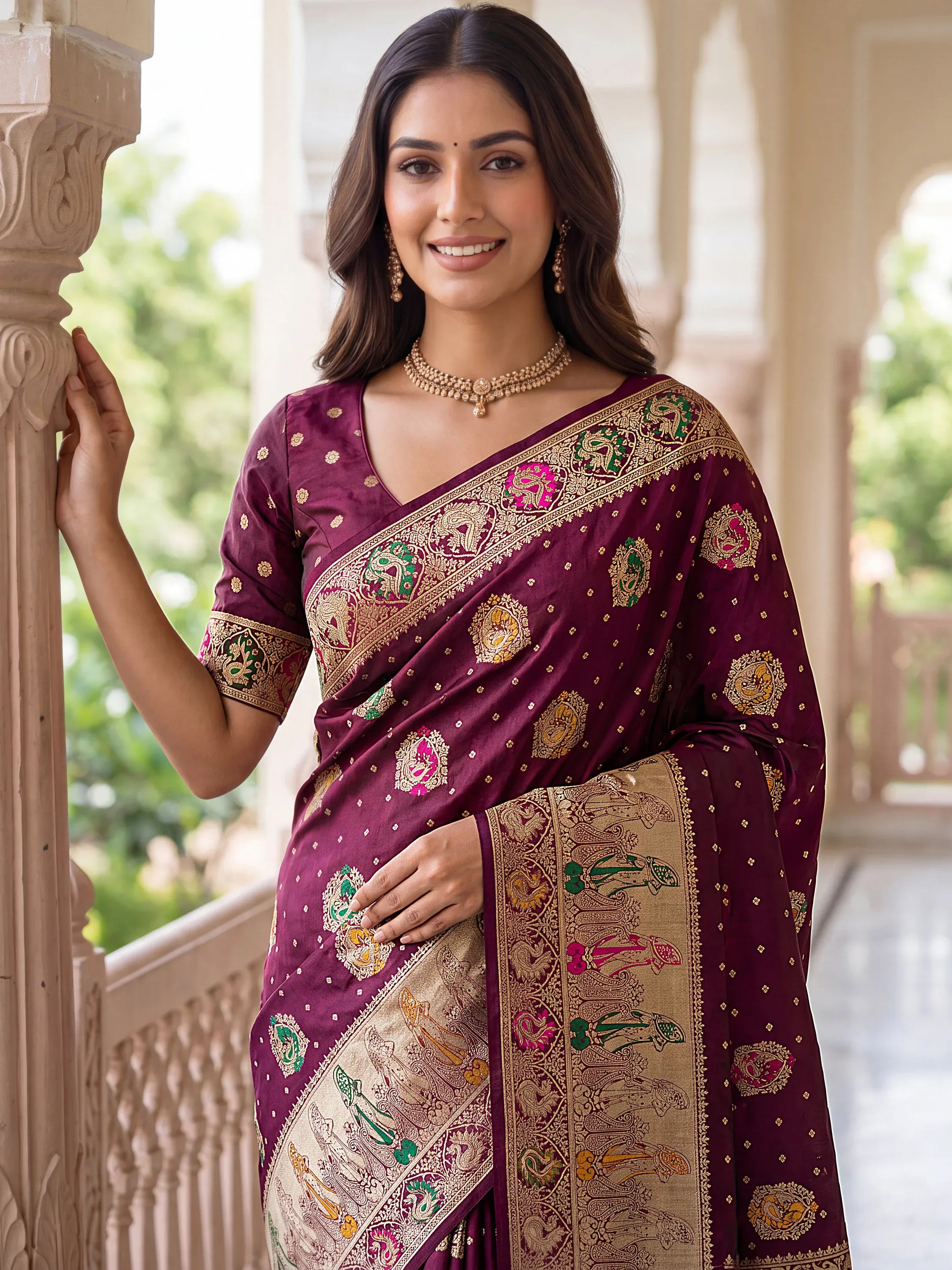 Beautiful Wine Zari Weaving Silk Reception Wear Saree With Blouse