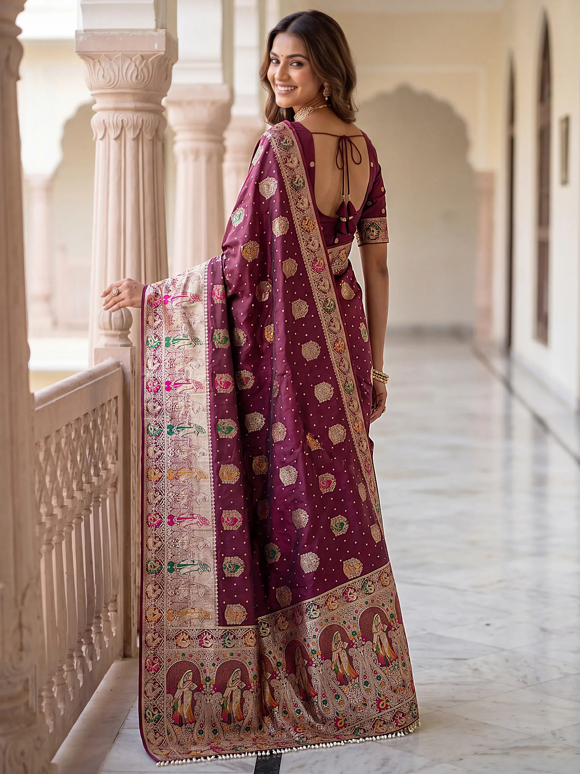 Beautiful Wine Zari Weaving Silk Reception Wear Saree With Blouse