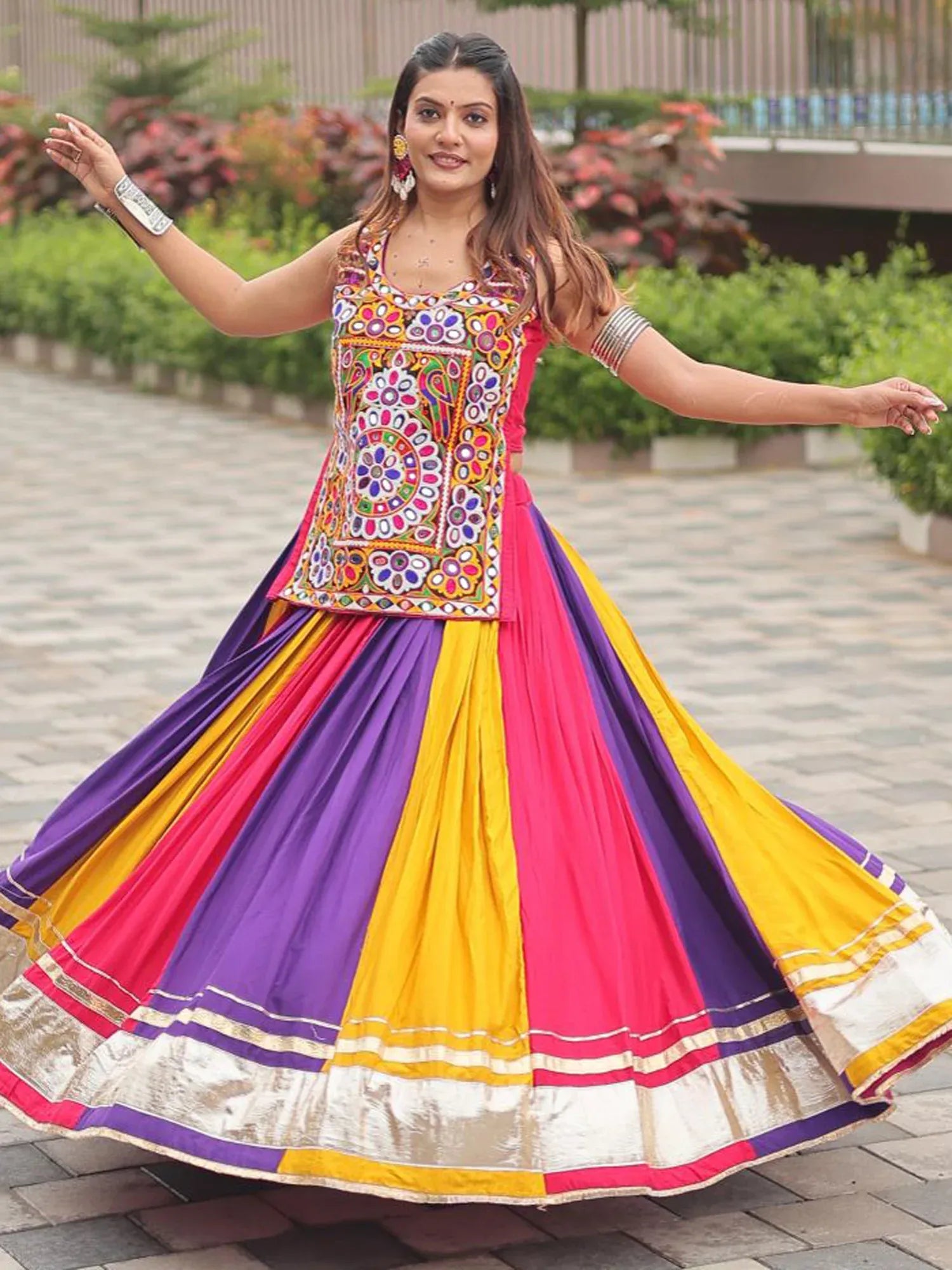 Stunning Multicolor Gamthi Work Cotton Navratri Lehenga With Blouse