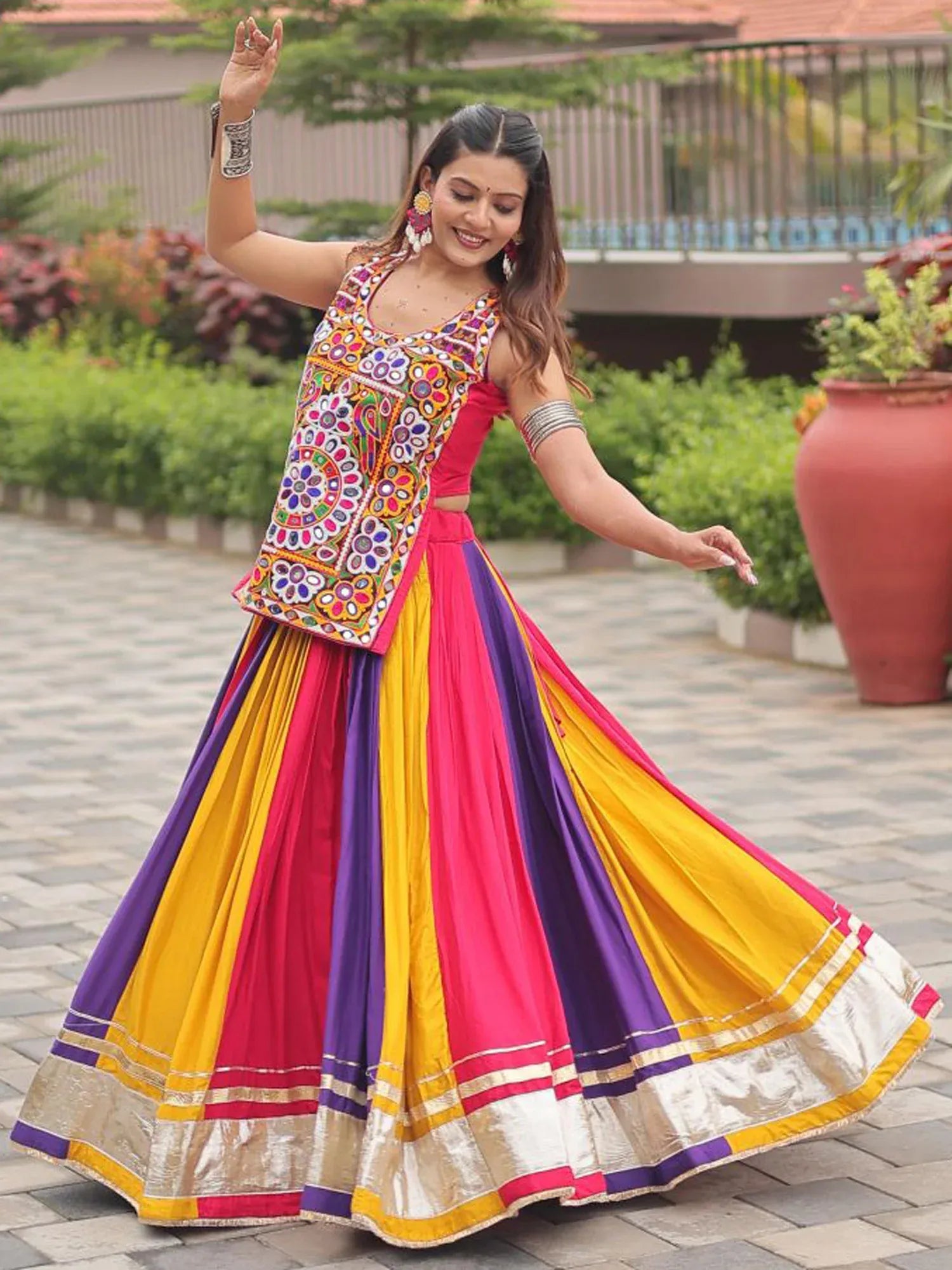Stunning Multicolor Gamthi Work Cotton Navratri Lehenga With Blouse