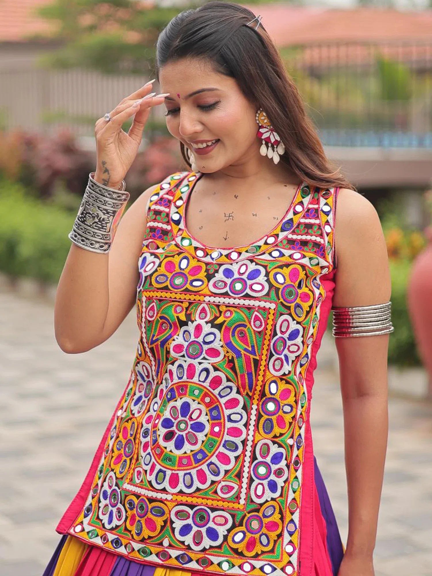 Stunning Multicolor Gamthi Work Cotton Navratri Lehenga With Blouse