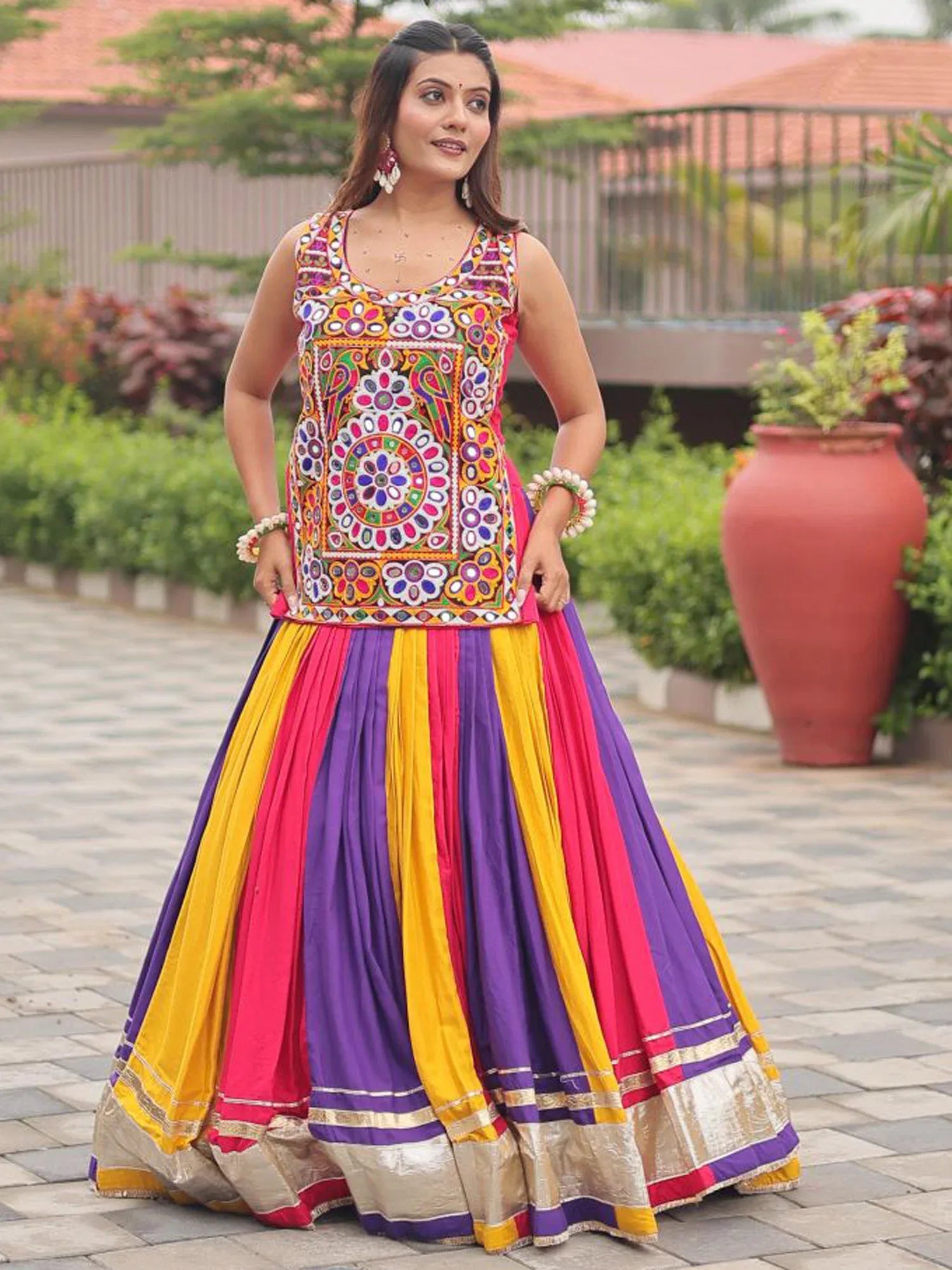 Stunning Multicolor Gamthi Work Cotton Navratri Lehenga With Blouse