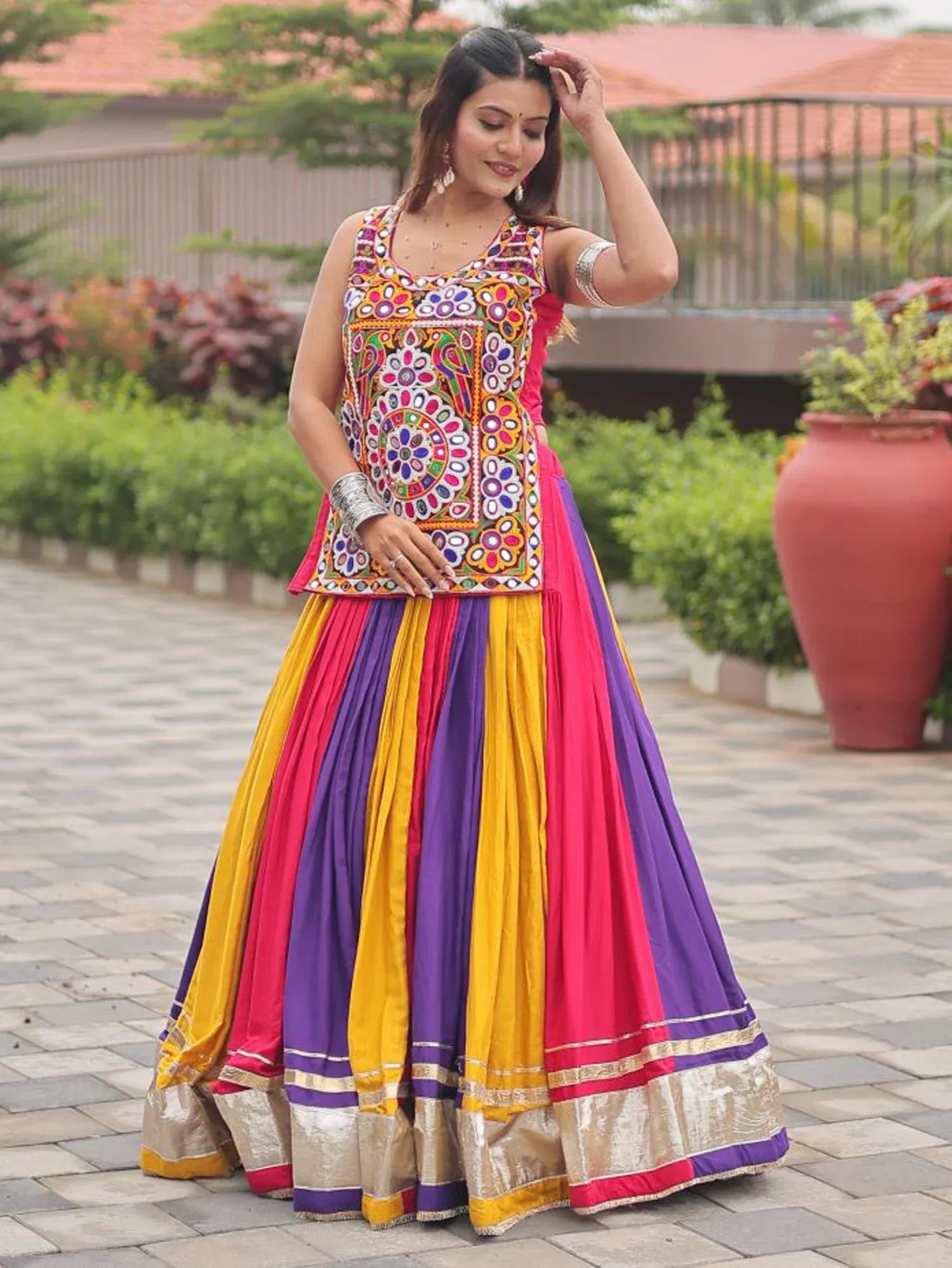 Stunning Multicolor Gamthi Work Cotton Navratri Lehenga With Blouse