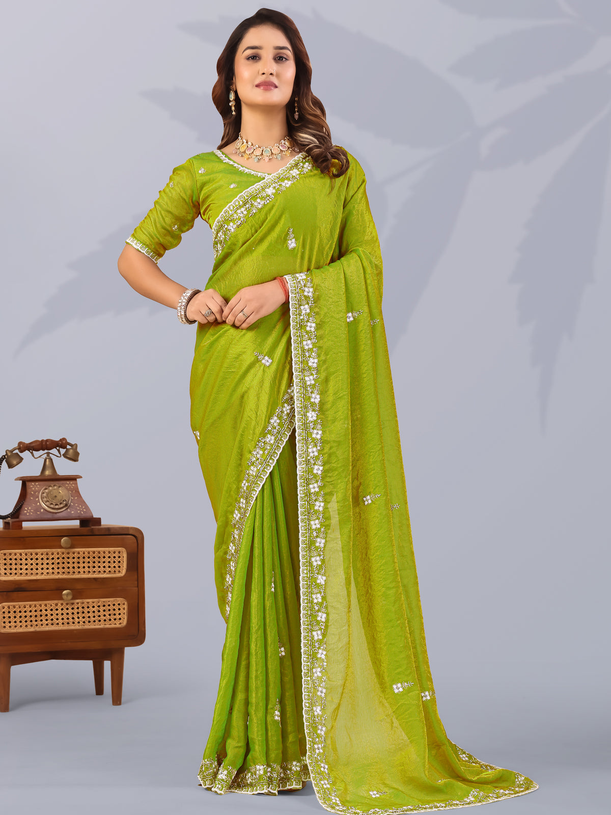 Notable Pista Green Thread Work Silk Mehendi Wear Saree With Blouse