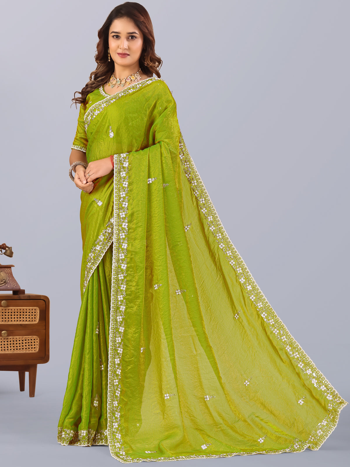 Notable Pista Green Thread Work Silk Mehendi Wear Saree With Blouse