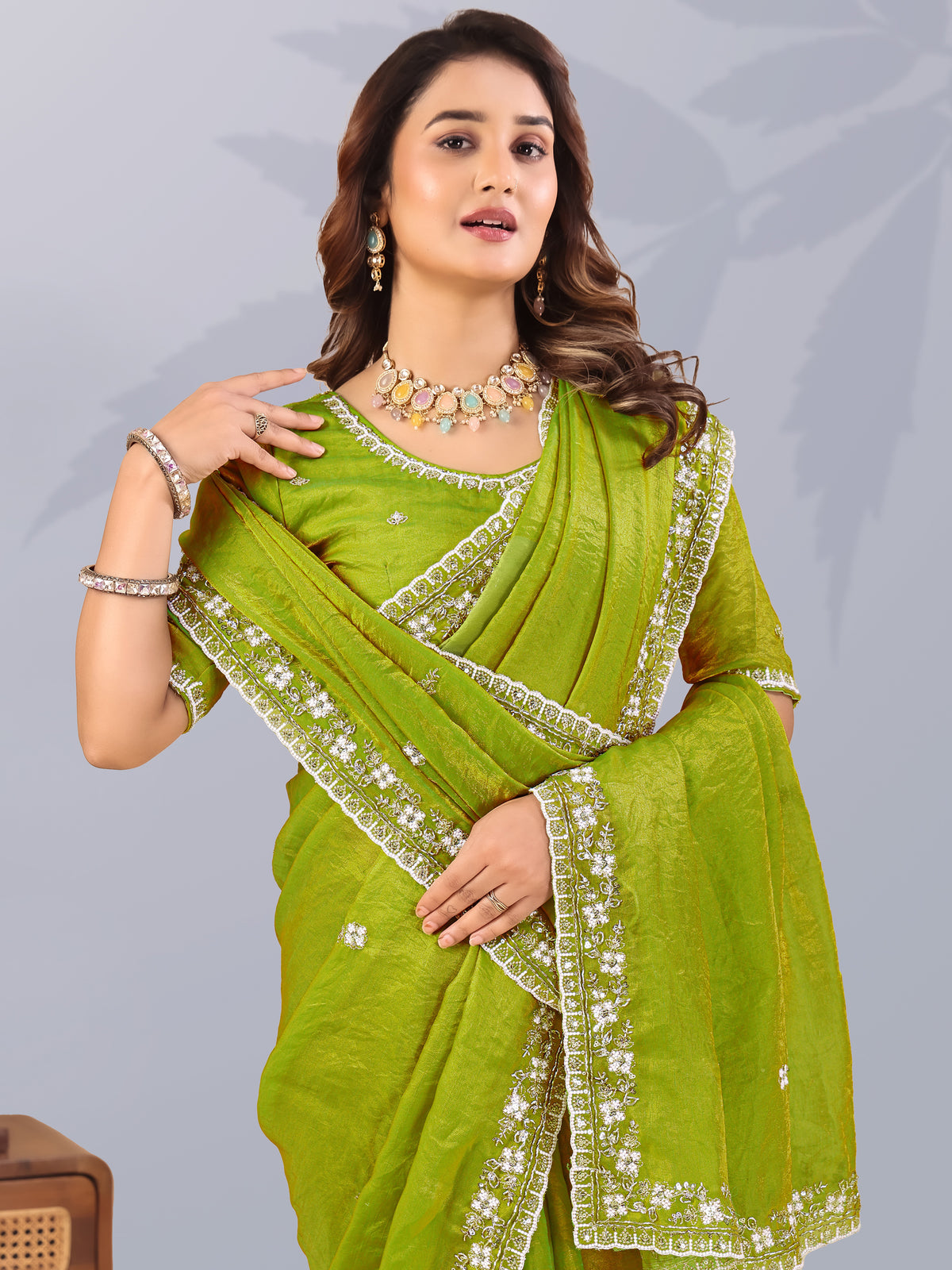 Notable Pista Green Thread Work Silk Mehendi Wear Saree With Blouse