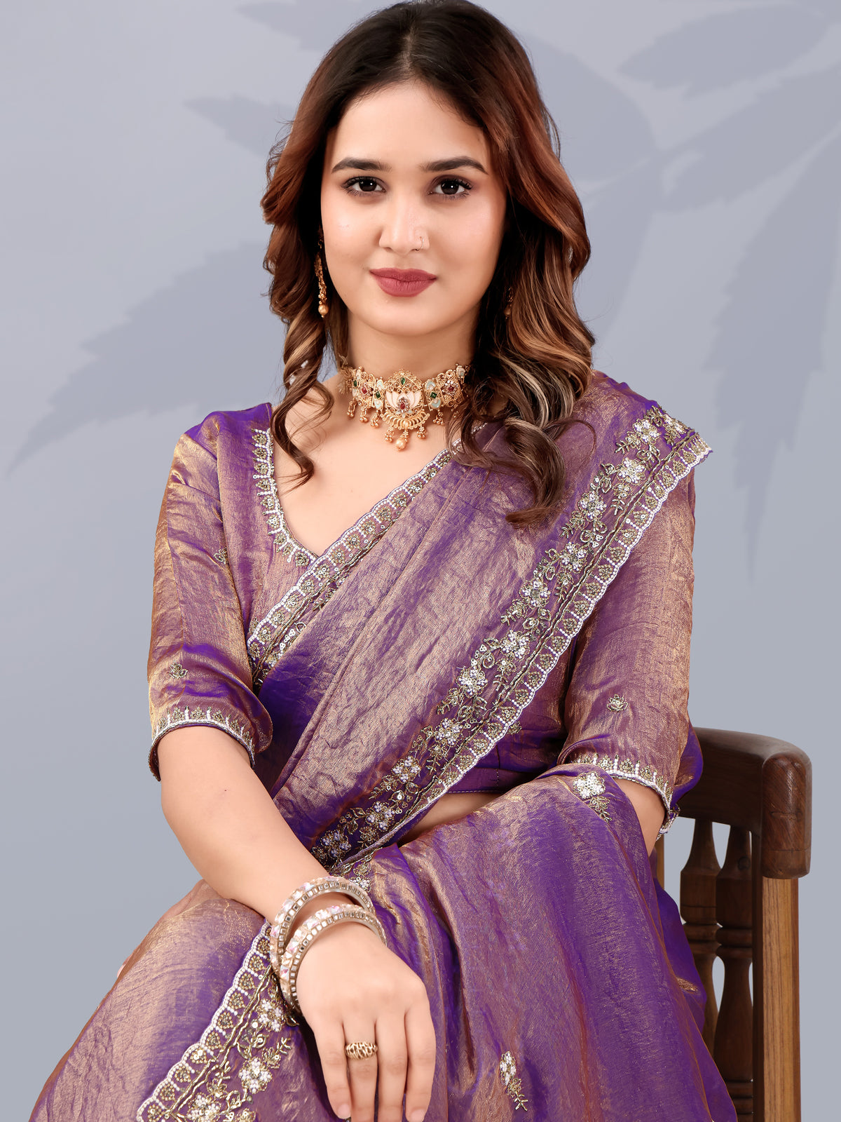Noteworthy Purple Sequins Silk Reception Wear Saree With Blouse