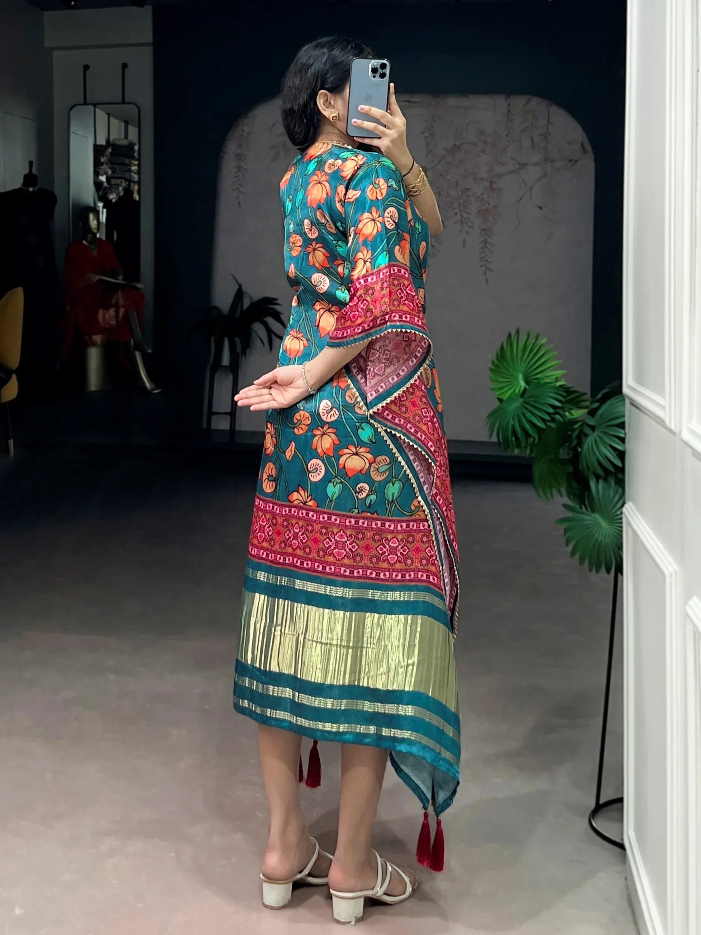 charismatic Teal Green Floral Printed Silk Designer Kaftan