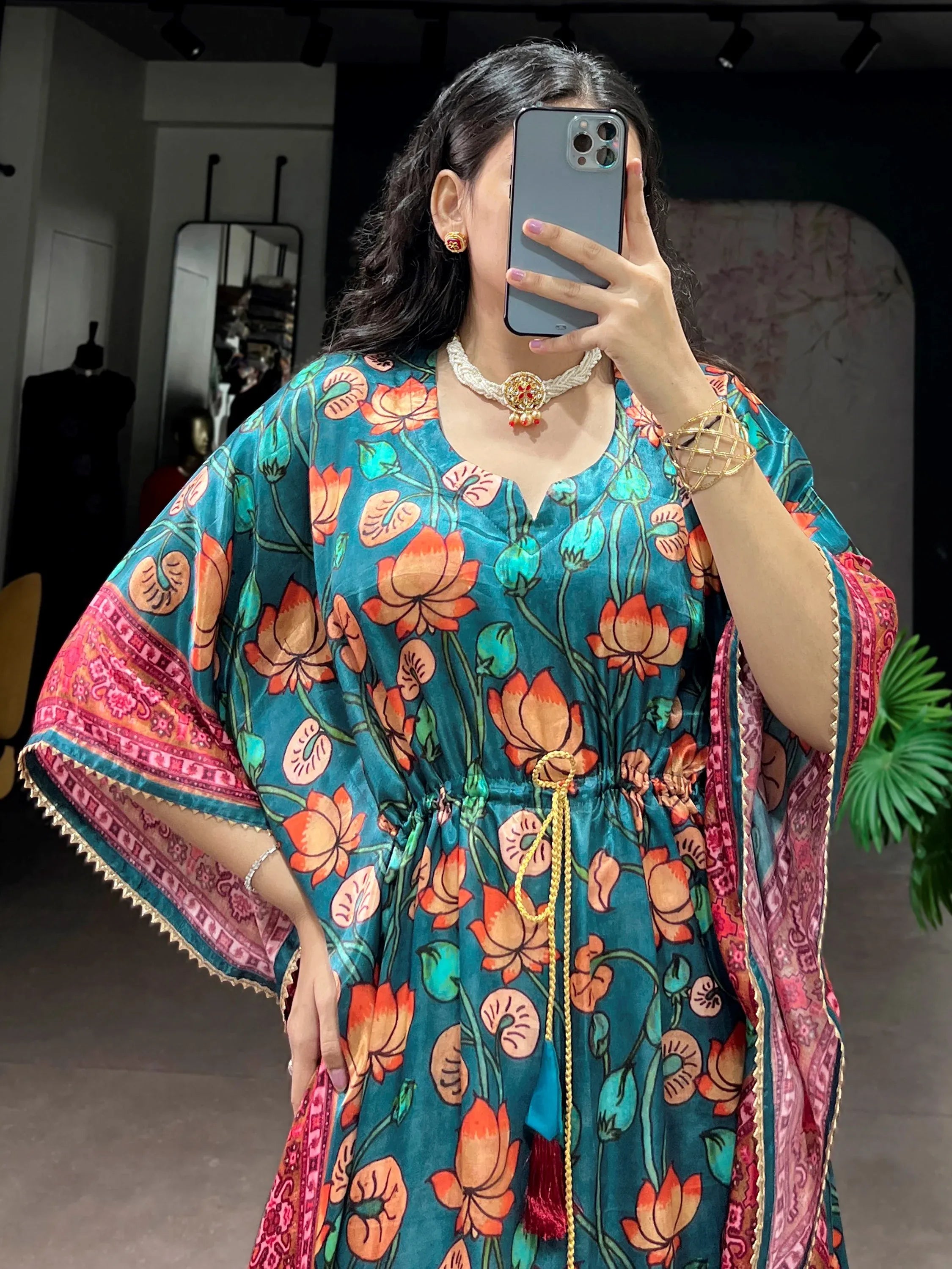 charismatic Teal Green Floral Printed Silk Designer Kaftan