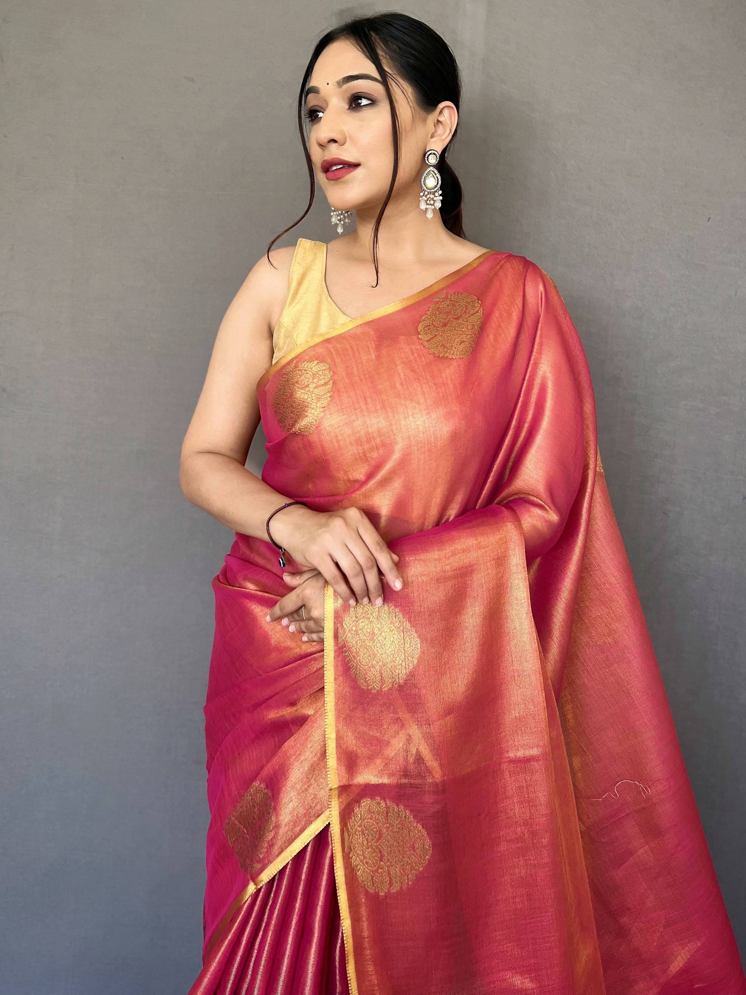 Precious Pink Silk Zari Weaving Festival Wear Saree With Blouse