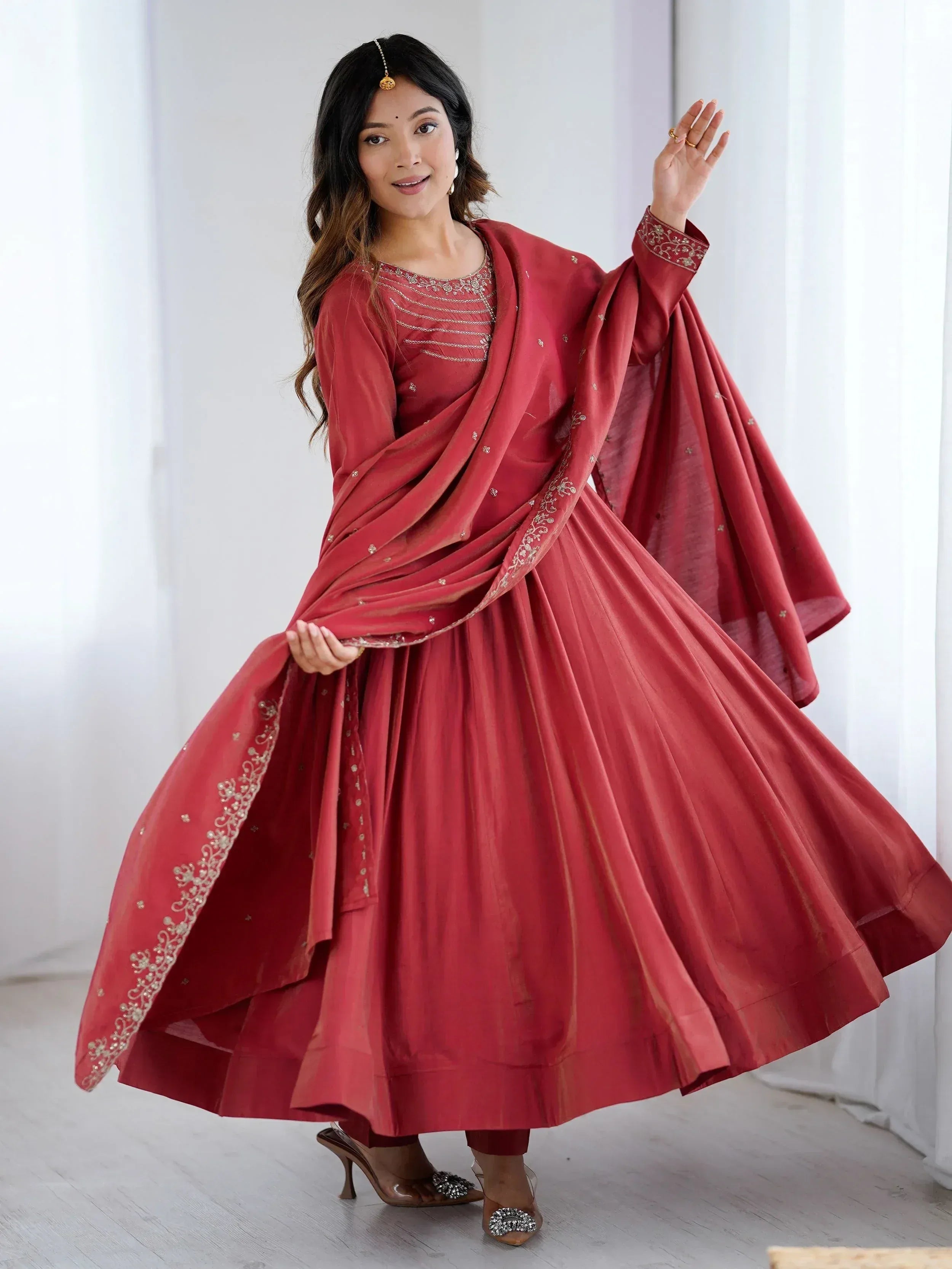 Red embroidered Indian anarkali suit with dupatta, perfect for festive occasions and weddings