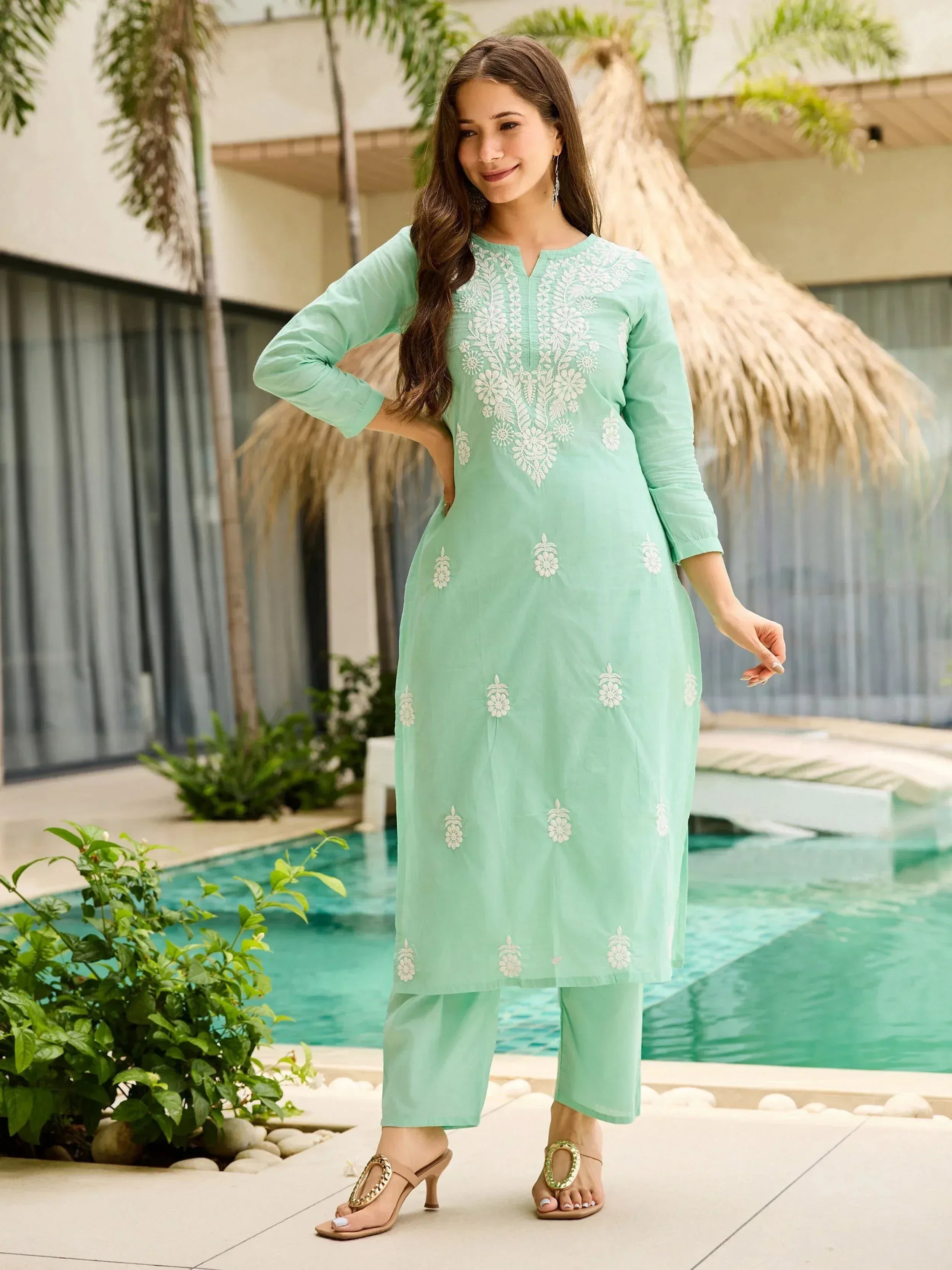 Mint green embroidered kurta set with matching pants, perfect for ethnic wear occasions