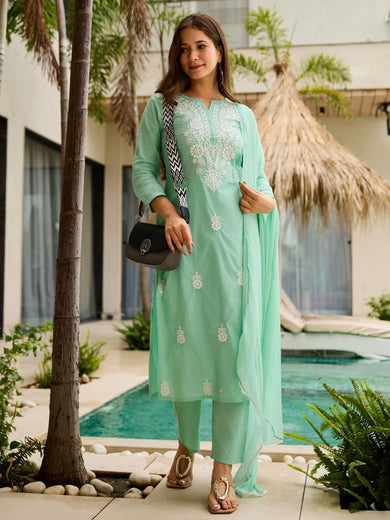 Timeless Turquoise Cotton Embroidered Office Wear Straight Suit