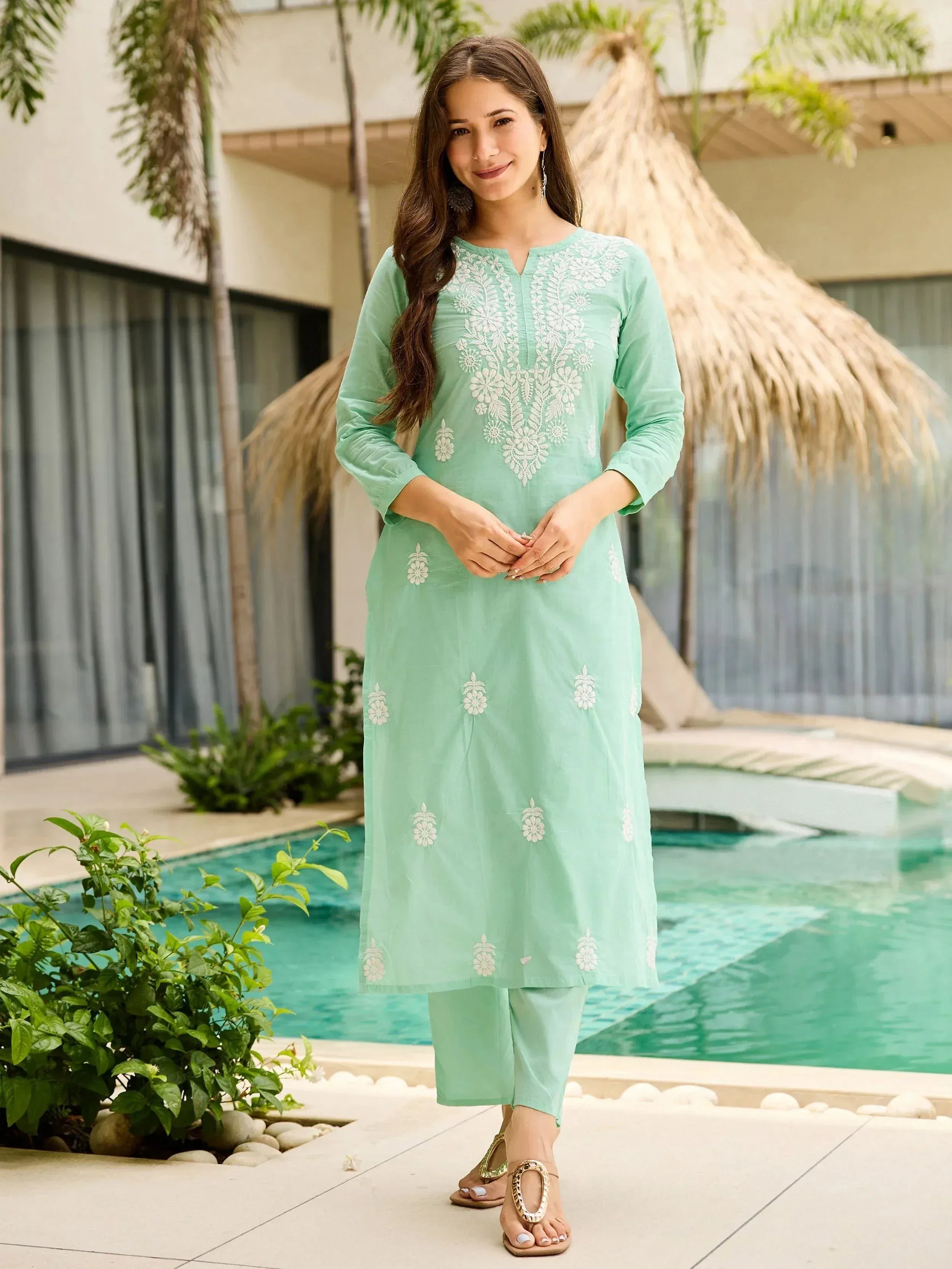 Mint green embroidered kurta set with matching pants, perfect for ethnic wear occasions