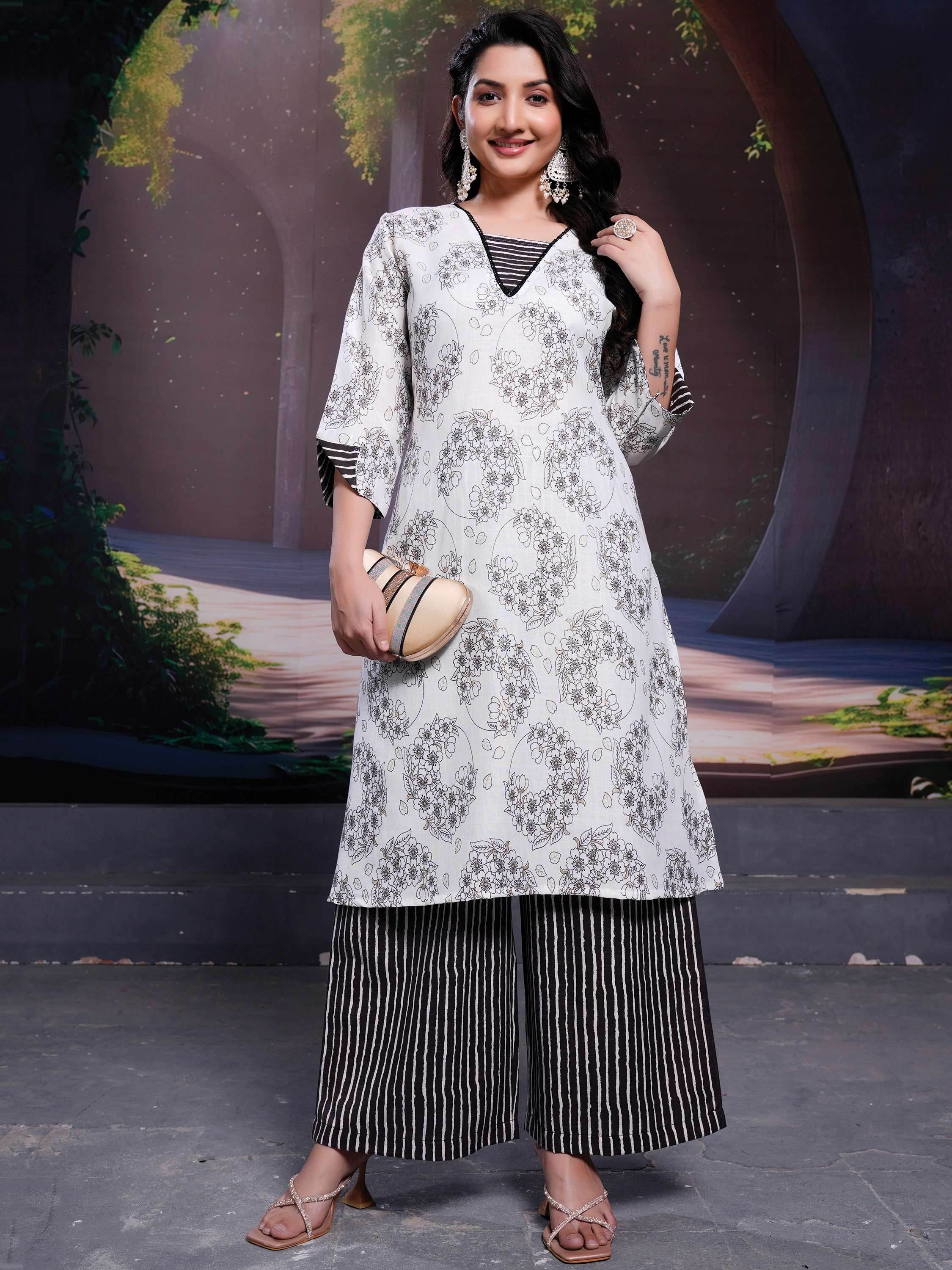 Precious White Floral Printed Cotton Casual Wear Kurta With Pant