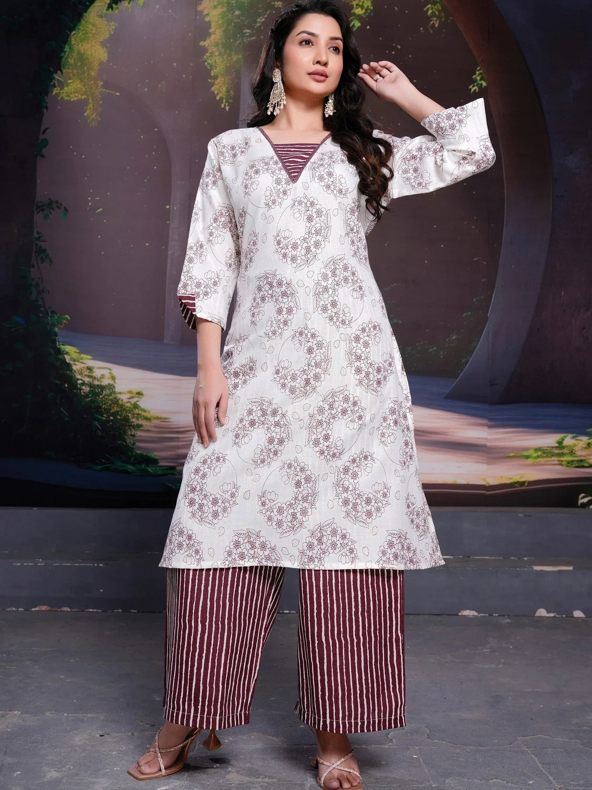 White floral print kurta with maroon striped palazzo pants, ethnic wear outfit
