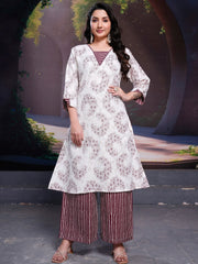 Spectacular White Floral Printed Cotton Office Wear Kurta With Palazzo