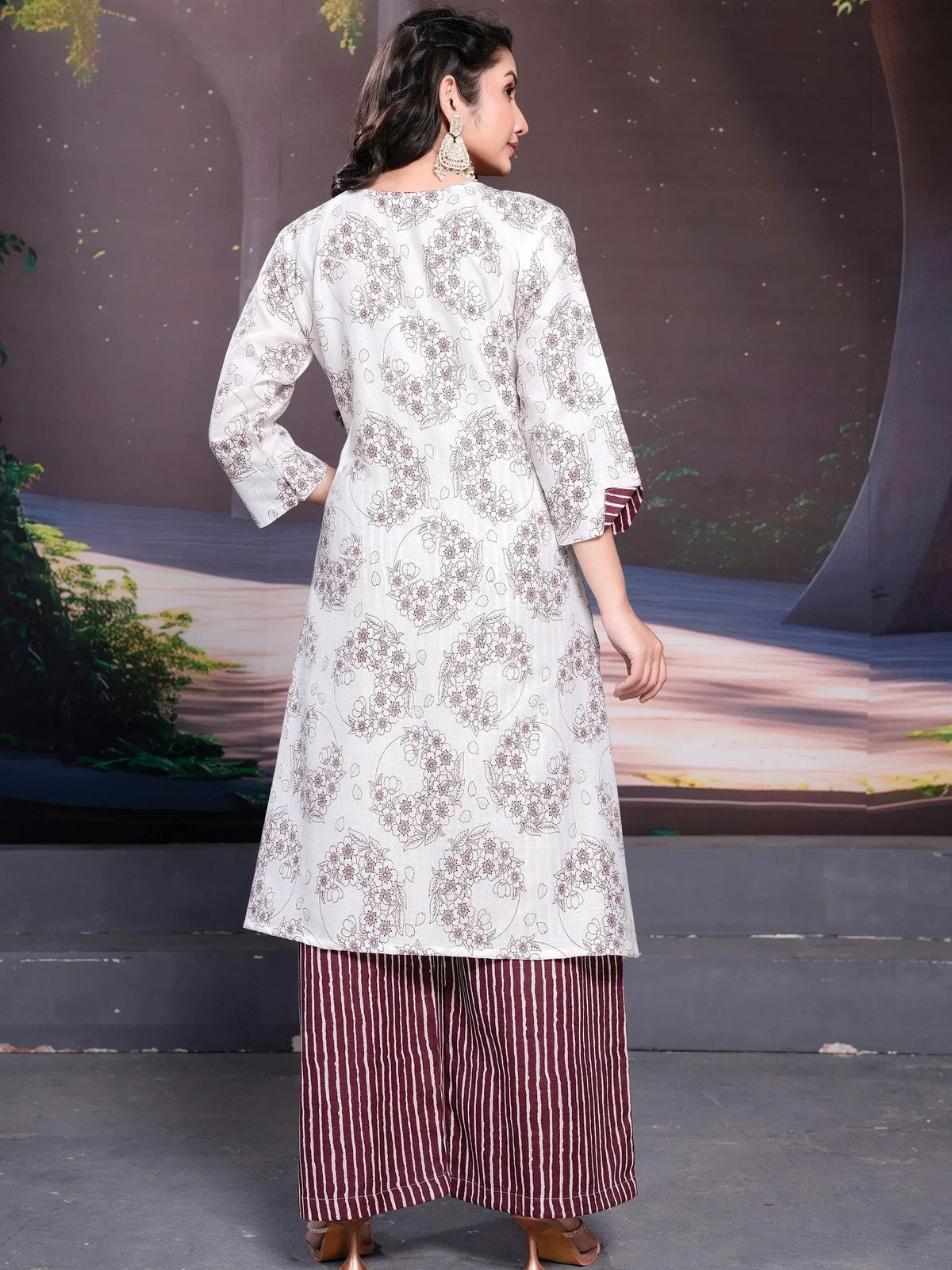 White floral printed kurta with maroon striped palazzo pants, ethnic wear for women