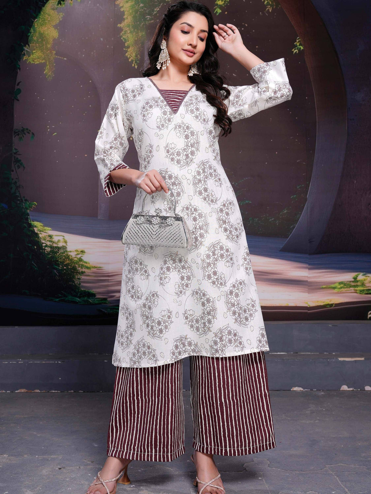 White floral kurta with maroon striped palazzo pants, ethnic wear for women