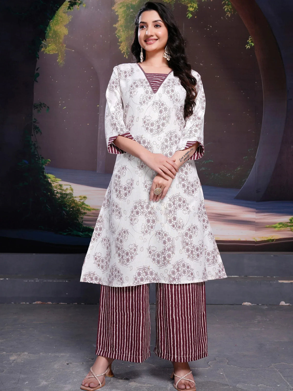 White floral kurta with maroon striped palazzo pants, Indian ethnic wear