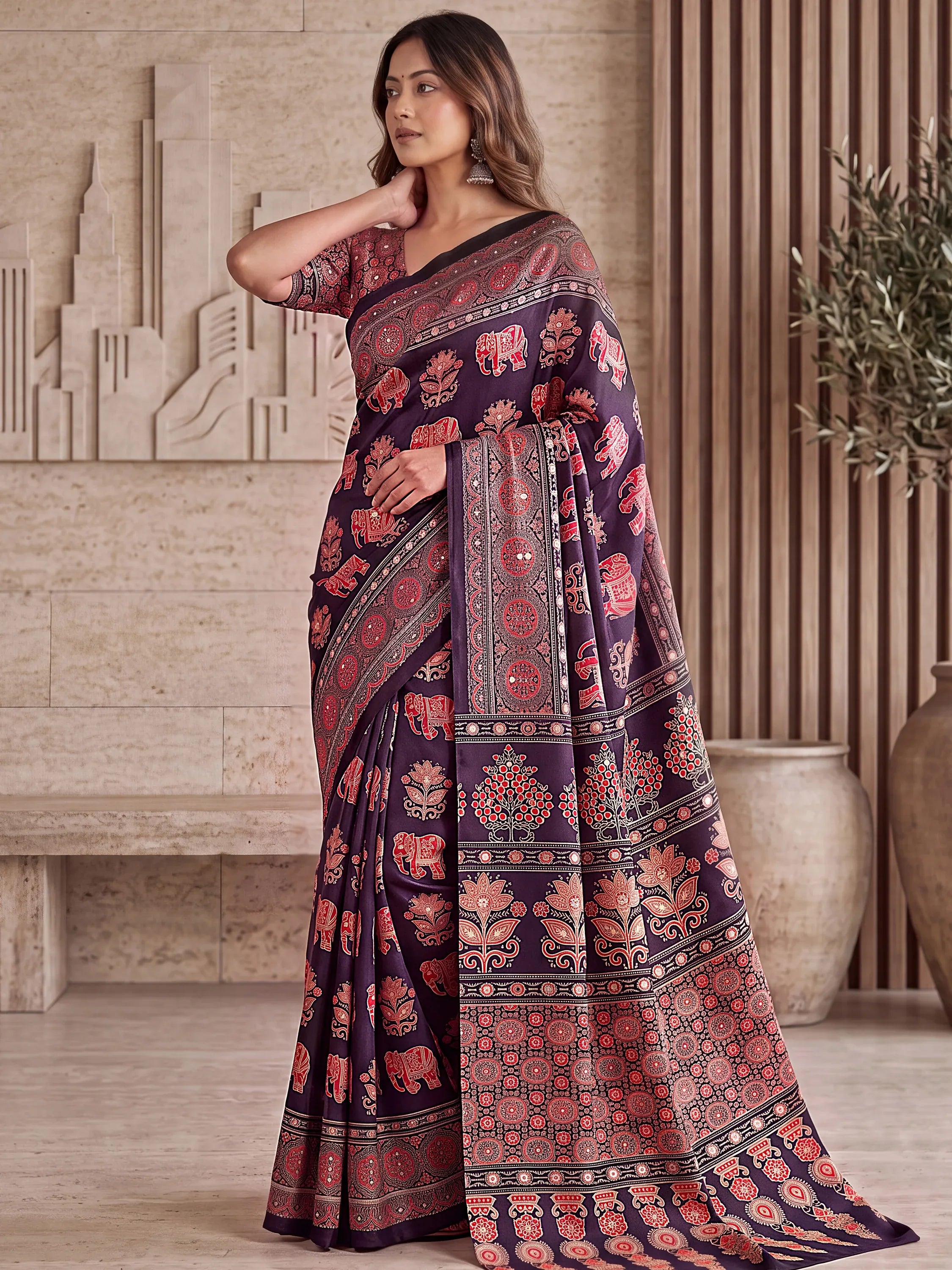 Gorgeous Wine Mirror Work Crepe Silk Wedding Wear Saree With Blouse