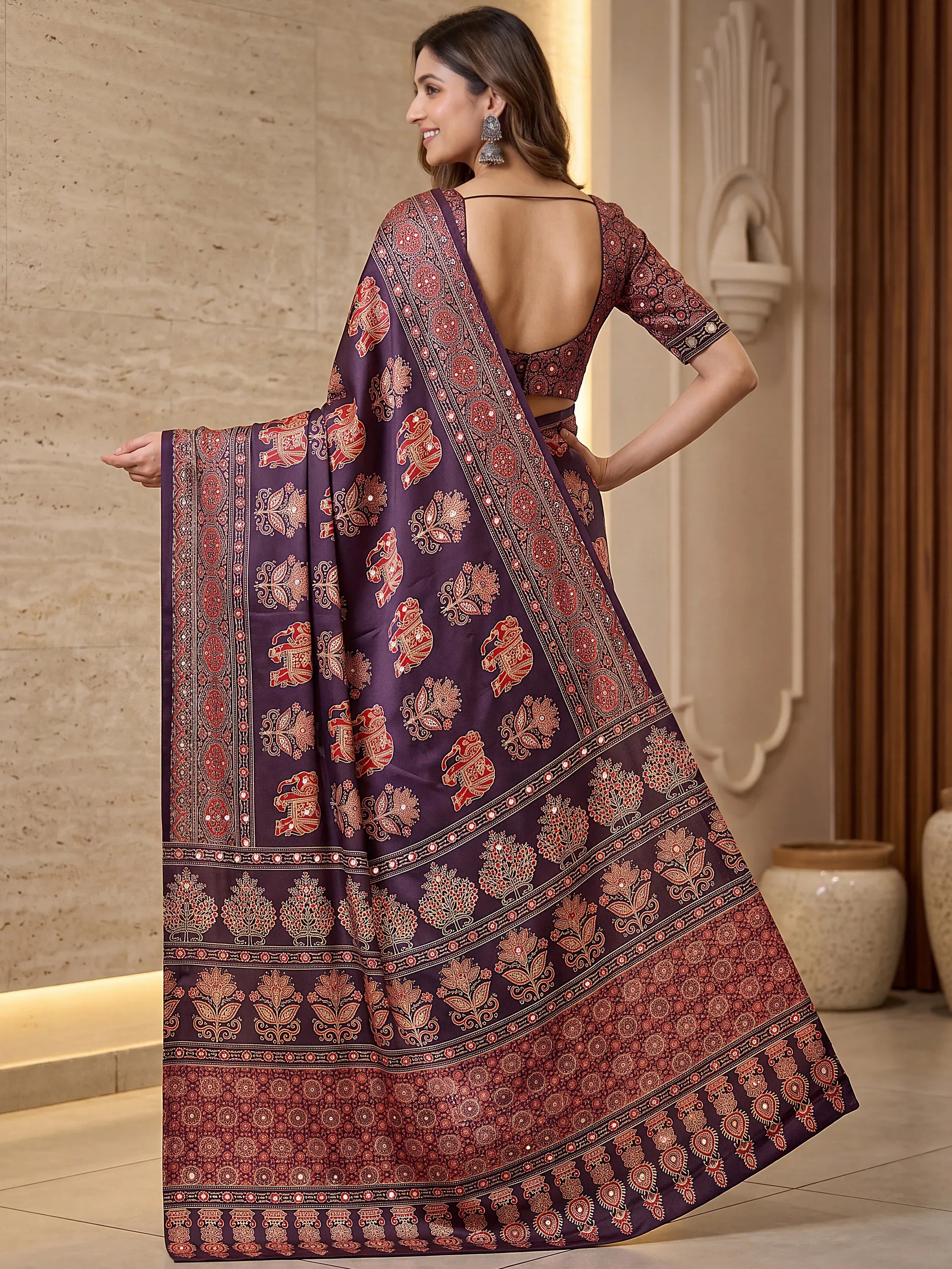Gorgeous Wine Mirror Work Crepe Silk Wedding Wear Saree With Blouse