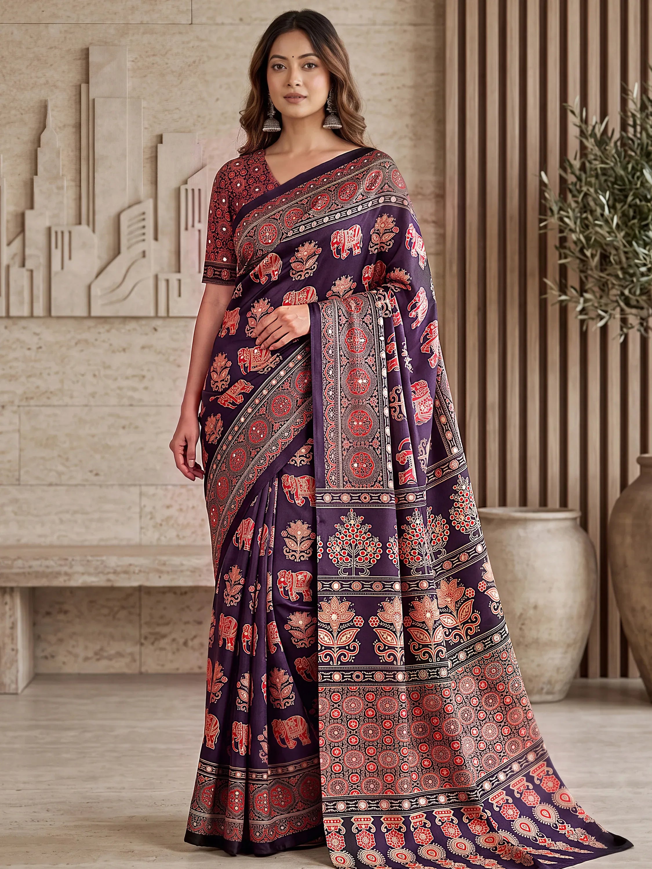 Gorgeous Wine Mirror Work Crepe Silk Wedding Wear Saree With Blouse