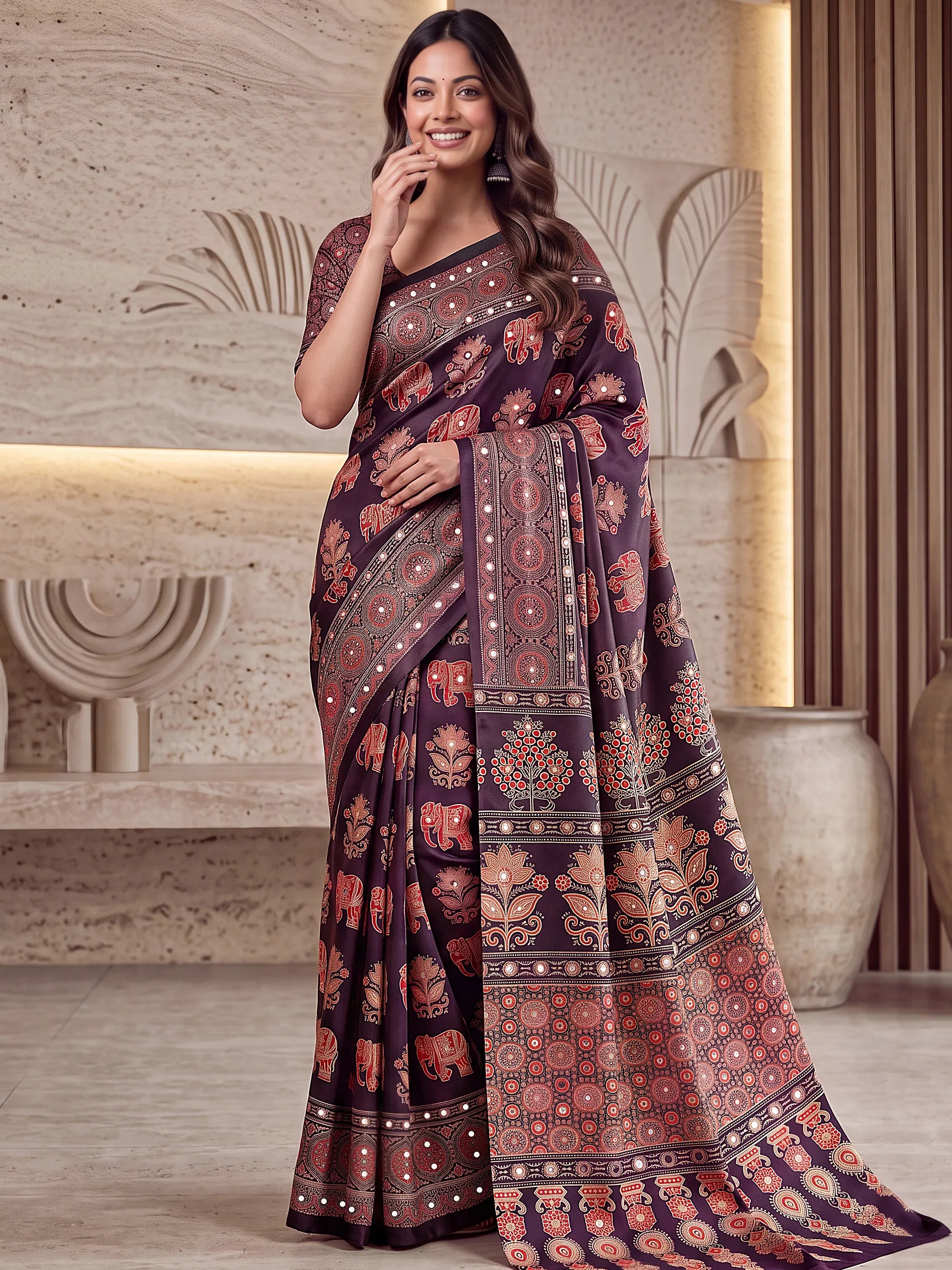 Gorgeous Wine Mirror Work Crepe Silk Wedding Wear Saree With Blouse