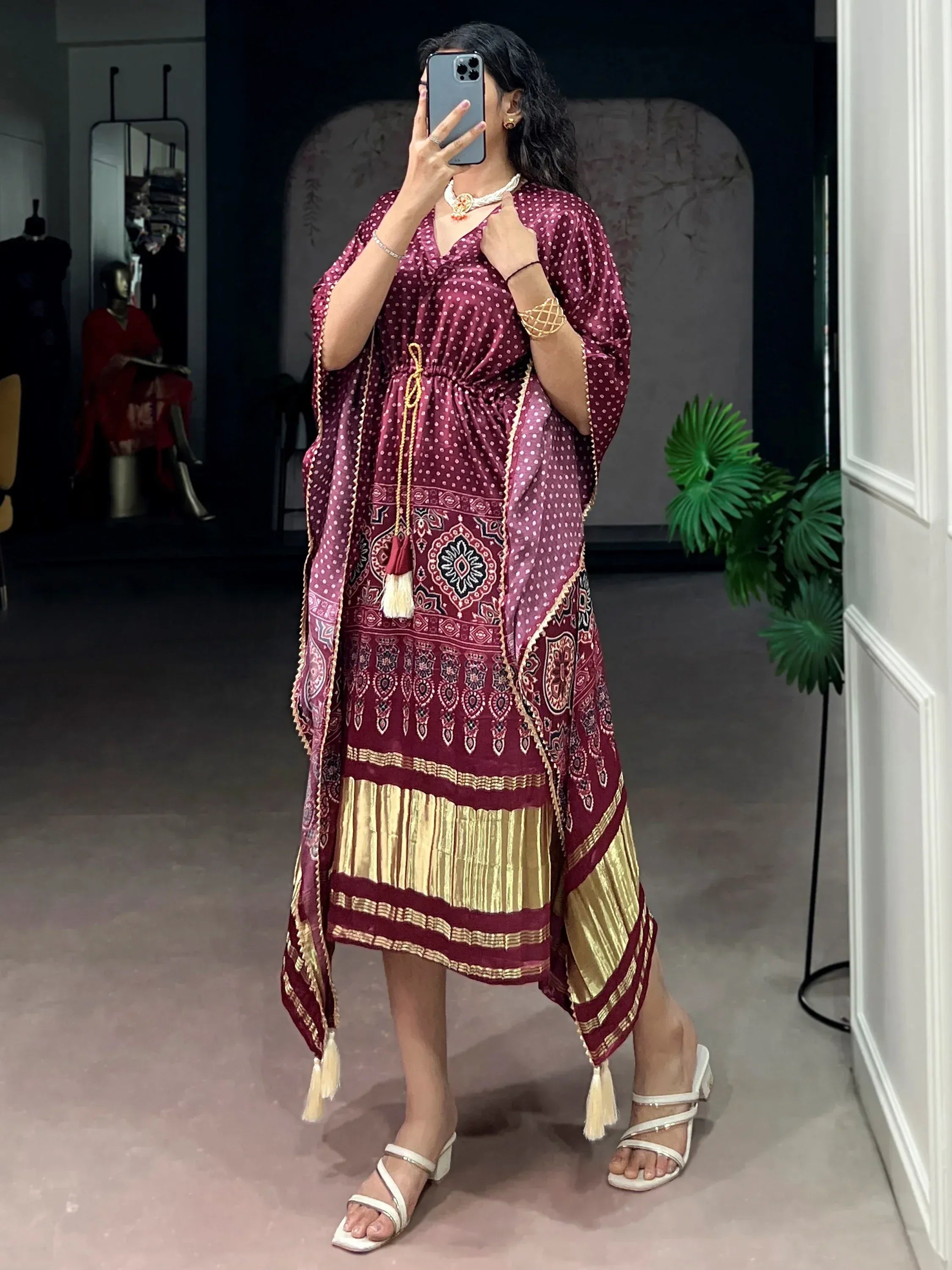 Alluring Wine Bandhani Printed Silk Wedding Wear Kaftan
