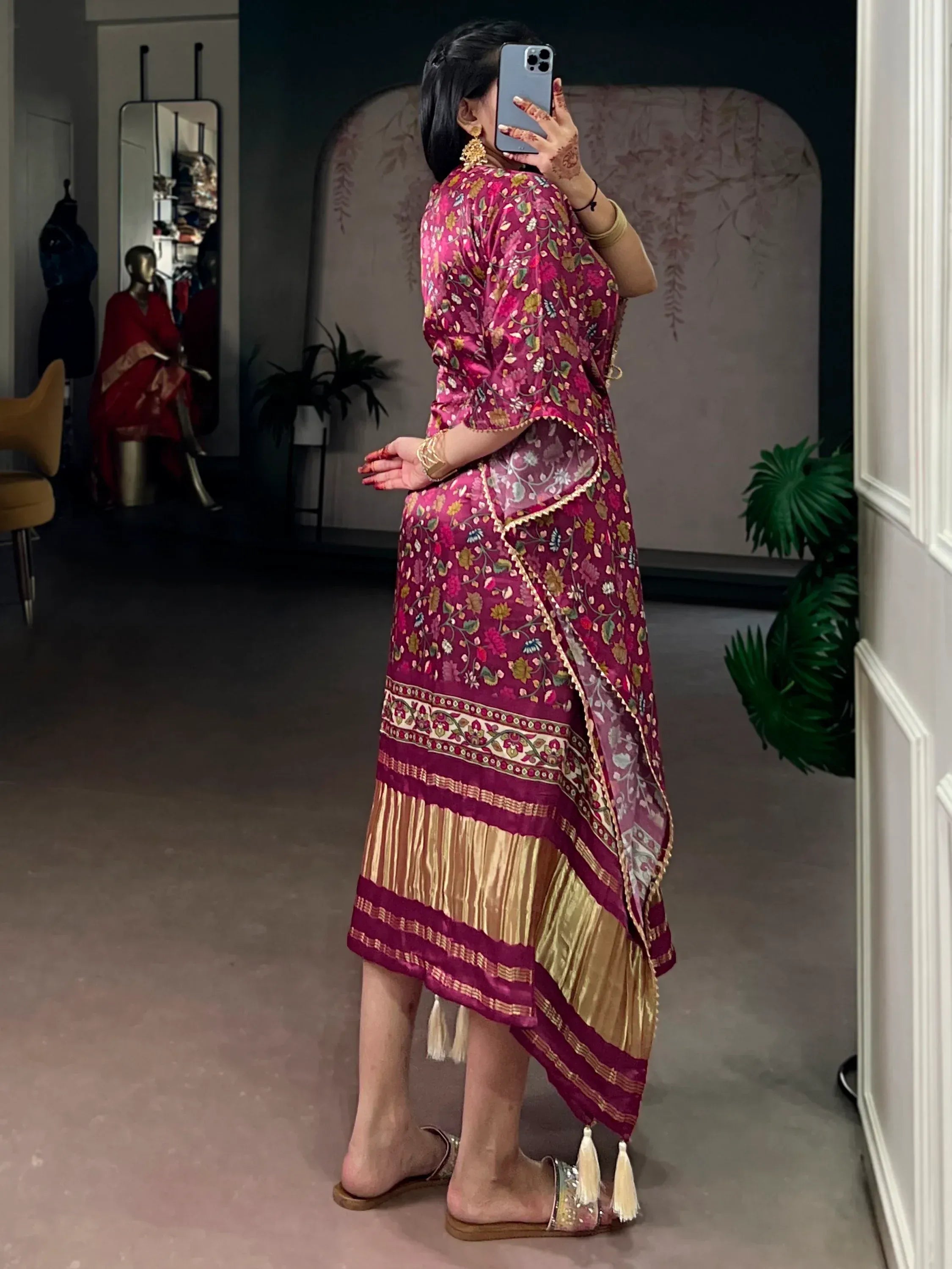 Stylish Wine Floral Printed Gaji Silk Marriage Wear Kaftan