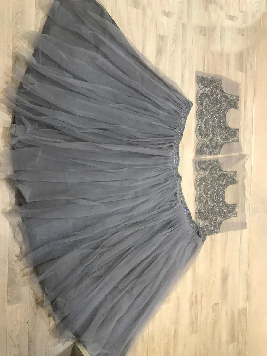 Grey tulle lehenga with embellished blouse, Indian ethnic wear for weddings and parties